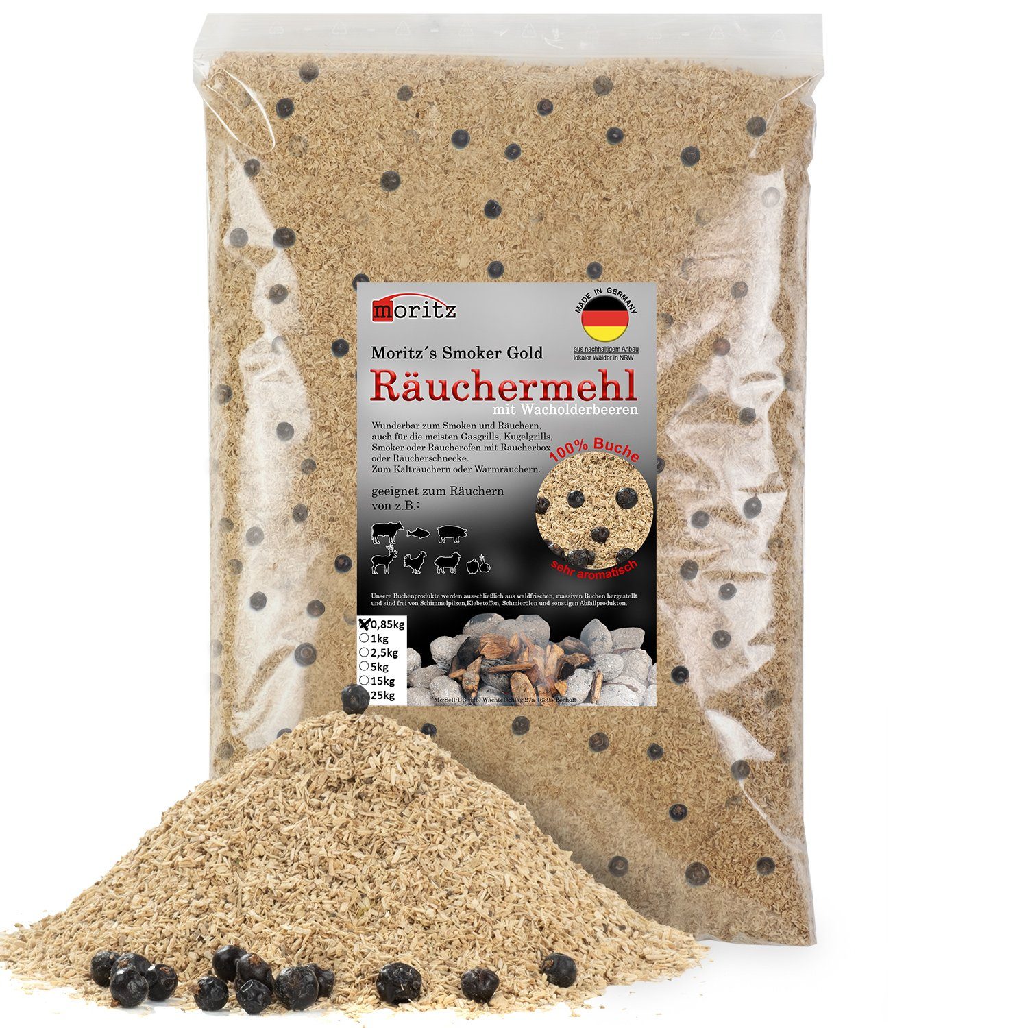 Moritz Räucherbox 0,85kg Räuchermehl Buche mit WB Wacholder fein 0,5 -1 mm zum smoken, räuchern/kalträuchern von Fleisch, Fisch, Gemüse geeignet