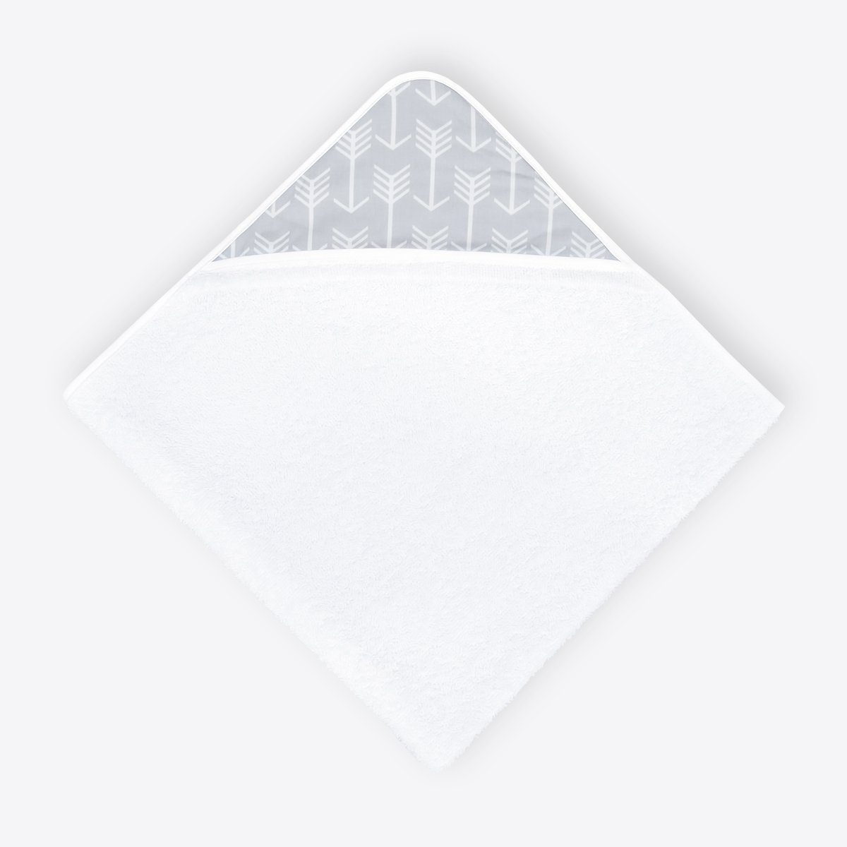 Kapuzenhandtuch weiße mit eingefasst extra Pfeile Schrägband 100% KraftKids auf Grau, Frottee, weiches dickes und Baumwolle,