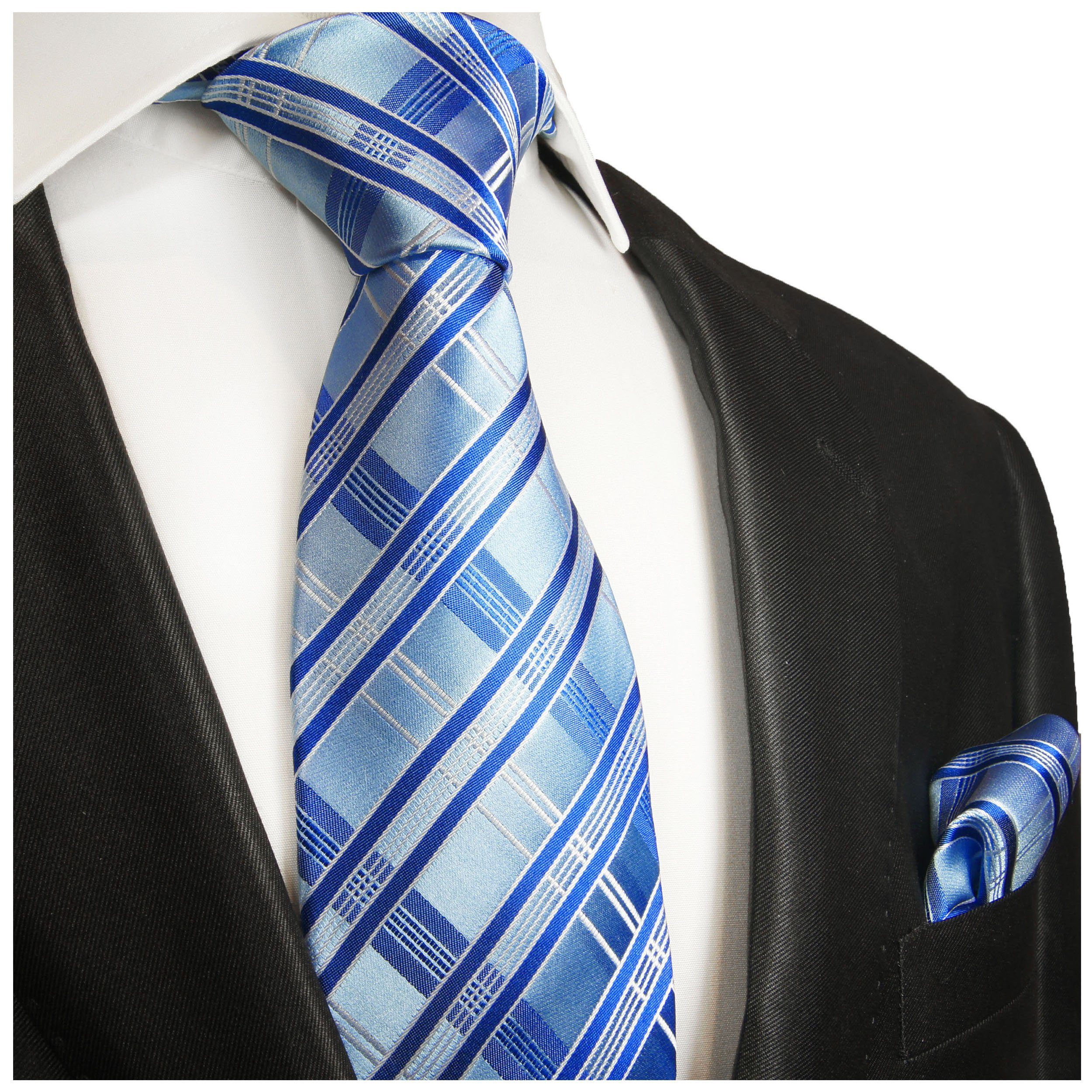 mit Tuch Herren 100% Moderne Krawatte Einstecktuch) Paul (6cm), mit Seide (Set, 2018 Schmal blau 2-St., hellblau Krawatte Seidenkrawatte gestreift Malone