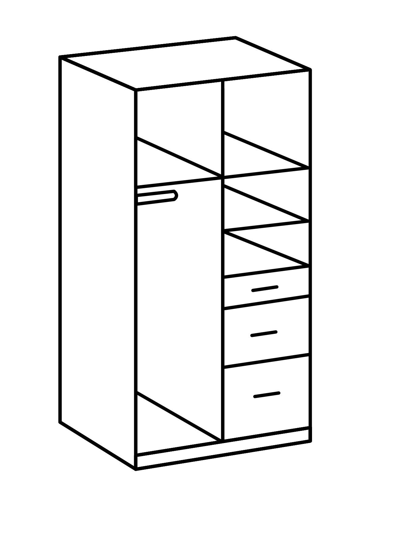 Kleiderschrank Weiß Schubladen 3 freiraum Click Türen und (B/H/T: 90x198x58 2 cm) in mit