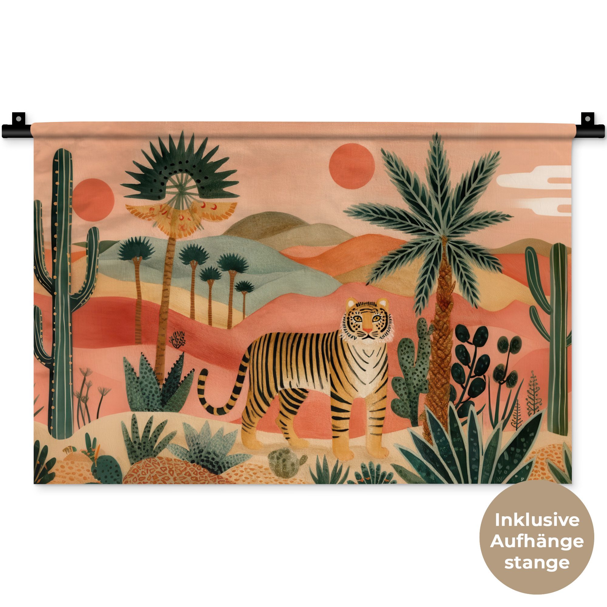 MuchoWow Wandteppich Tiger - Palmen - Kaktus - Orange, Rechteckig, Höhe: 3 mm, Wandteppich für Wohnzimmer, Schlafzimmer, 60x40 cm