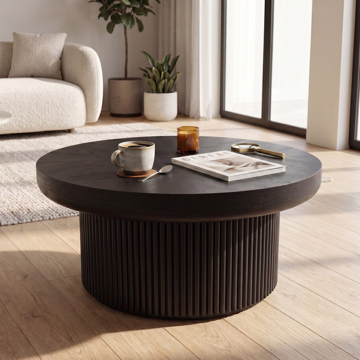 Odikalo Couchtisch Beistelltisch mit Echtholz-Parkettmuster & zylindrischem Sockel (Runder Couchtisch (78 cm) mit geriffelter Optik, verstärkte Tischplatte, runder Mid-Century-Modern-Couchtisch für Wohnzimmer & kleine Räume)