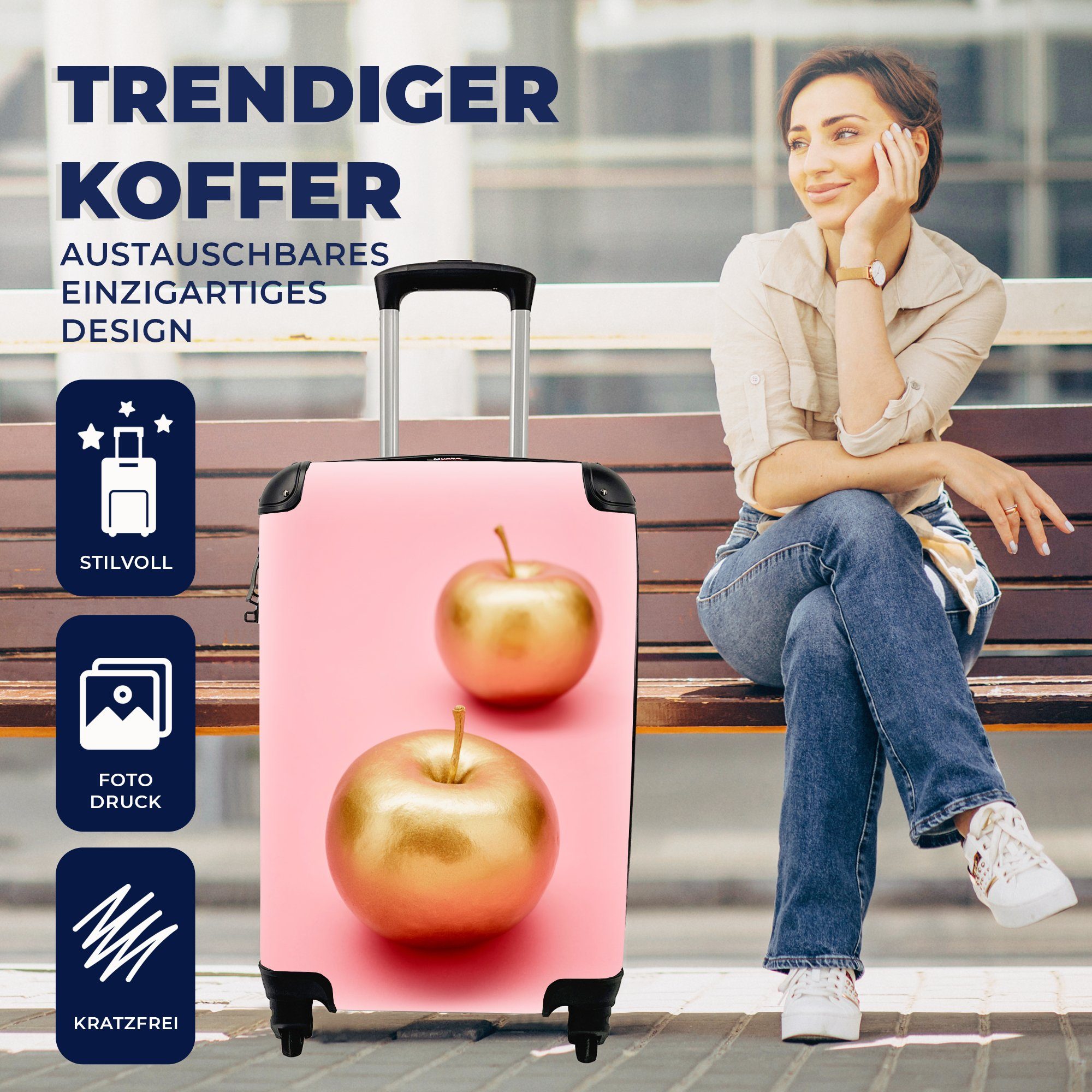 Ferien, - 4 Gold mit Reisekoffer - Rollen, MuchoWow Handgepäck Apfel Trolley, rollen, Reisetasche Stilleben, Handgepäckkoffer für