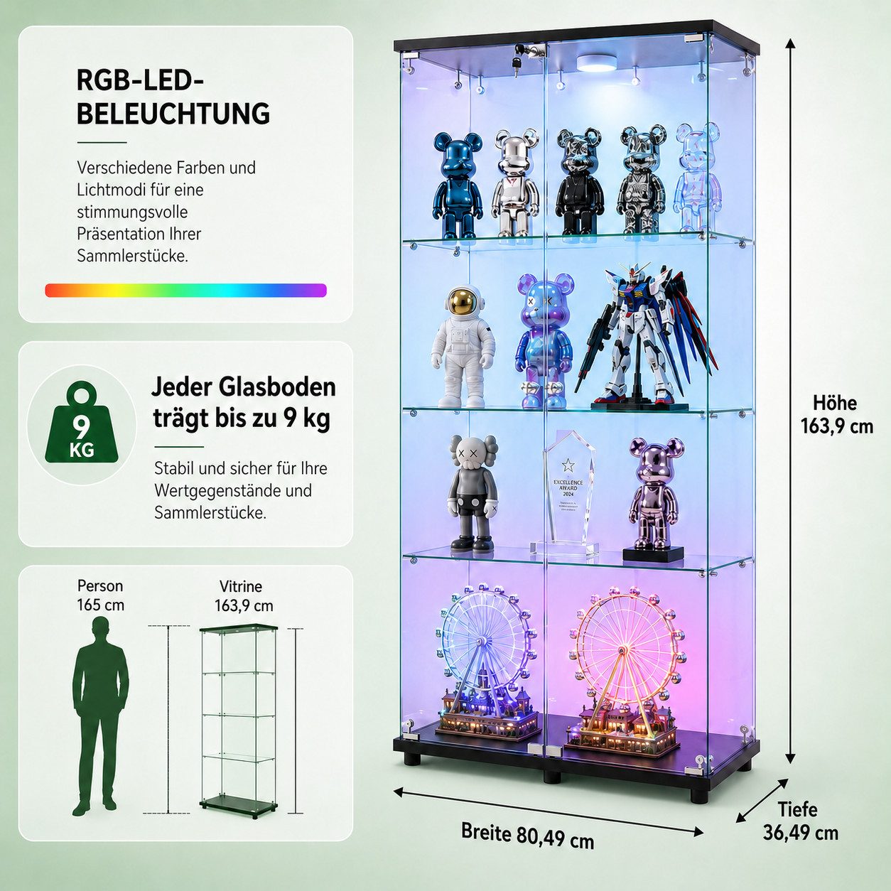Simurq Glasvitrine glasvitrine,vitrinenschrank,vitrine mit LED,sammlervitrine (Packung, Sammlervitrine Schauvitrine mit türen und Schloss, Gehärtetes Glas) LED-Streifenbeleuchtung; Mit Schloss;Doppeltüren