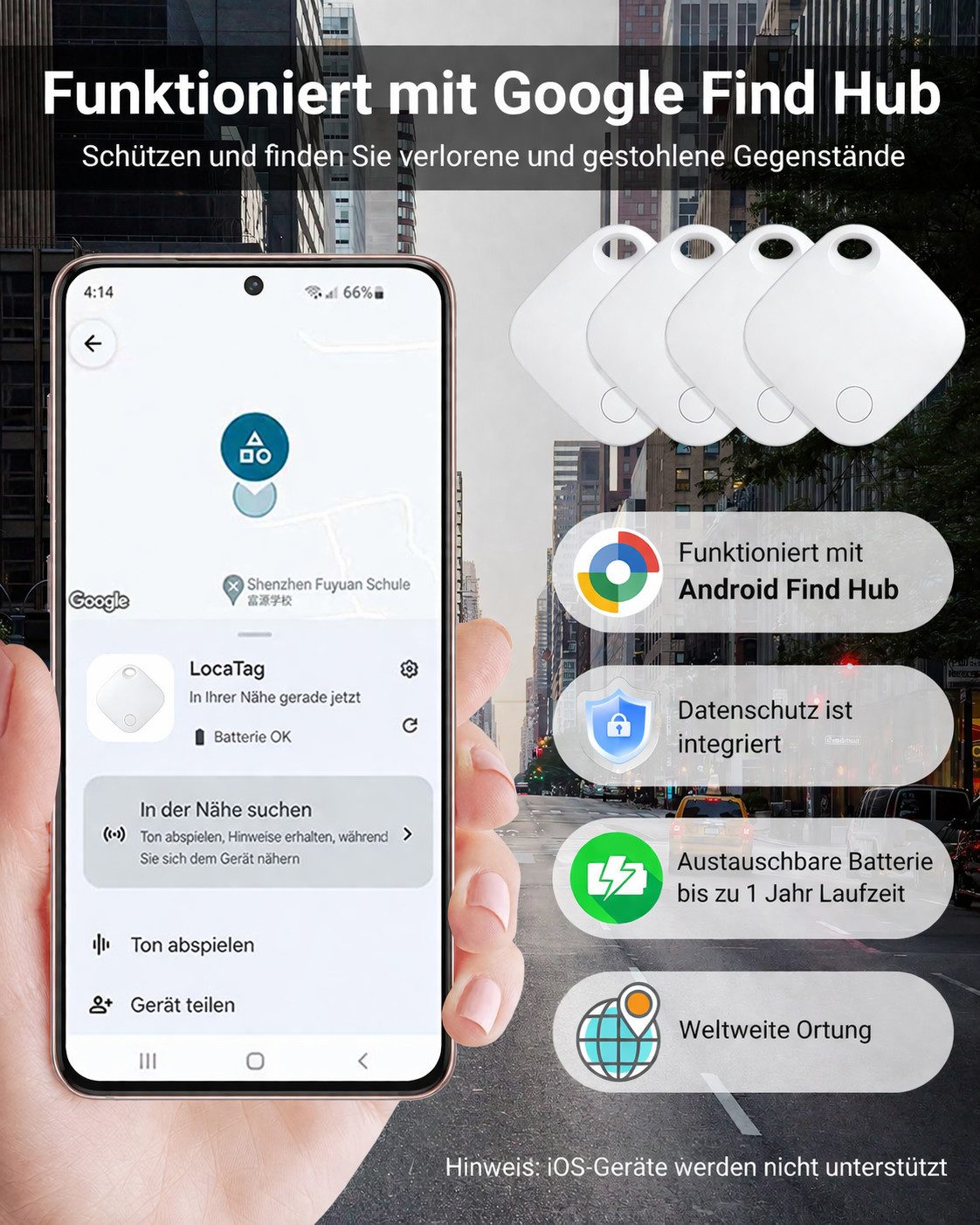Kityhome GPS Tracker nur Android, 4er-Pack, SmartTag Tracker für Find Hub GPS-Ortungsgerät (Schlüsselfinder, Ortungsgerät für Auto & Koffer,Geschenkideen,Weiß)