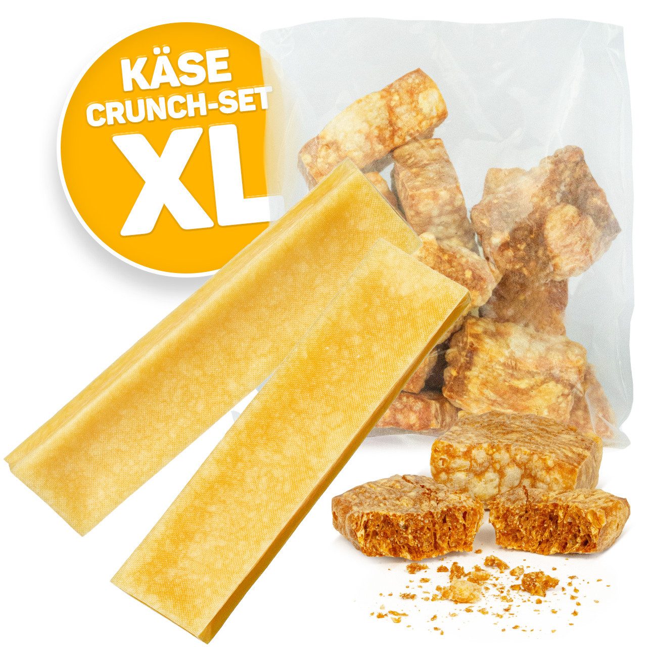 Larsson Farm Kauspielzeug Yaky Crunch Cheese + Yaky Käse Kaustangen Bundle, Crunch Cheese 130g Beutel + 2x XL Kaustange