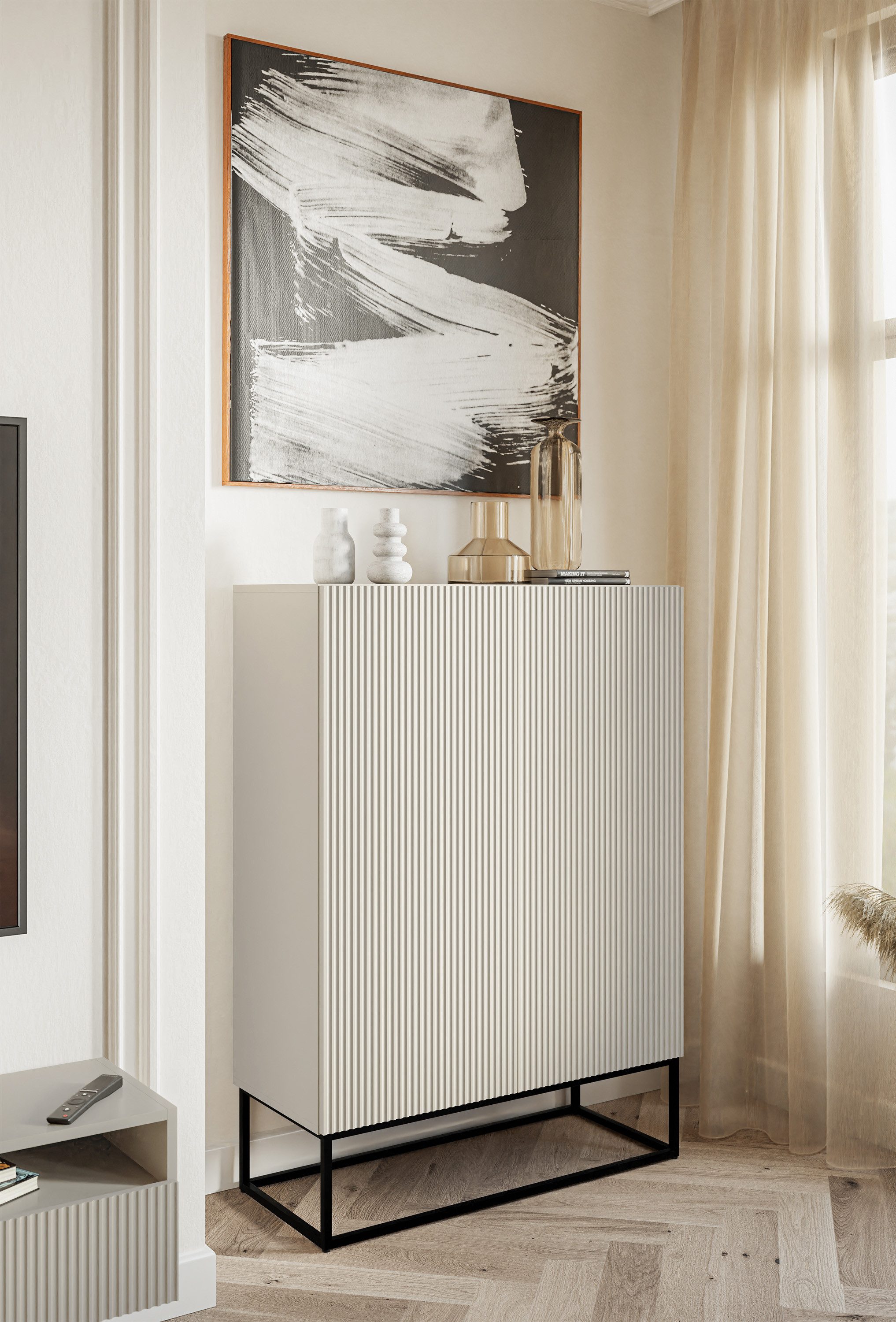 Selsey Highboard VELDIO, Highboard 2-türig mit 3 Fächern, Lamellenfronten u günstig online kaufen