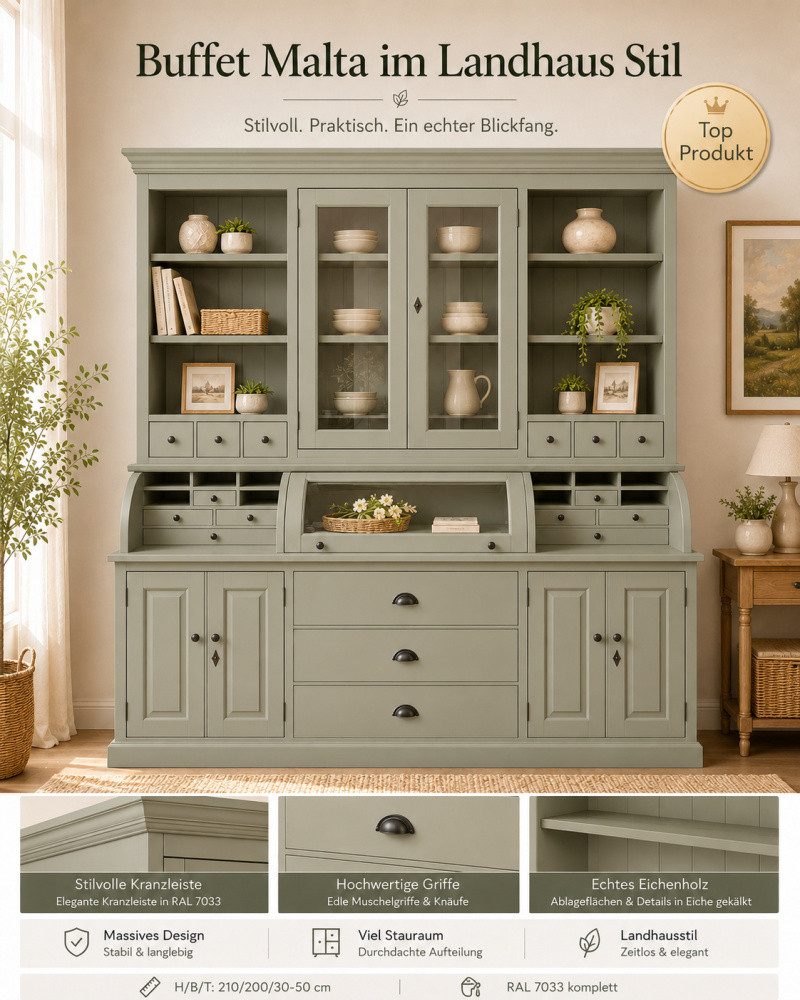 Wohnpalast Buffet Landhaus Buffet Schrank Malta Ladenschrank Zementgrau 200 cm