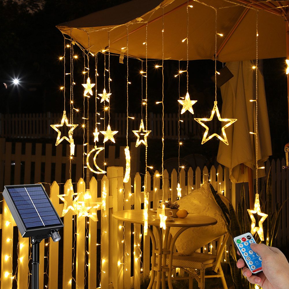 LED-Lichterkette Ramadan Dekor Sternen Mond Solarleuchte Dimmbar Lichtervorhang Außen