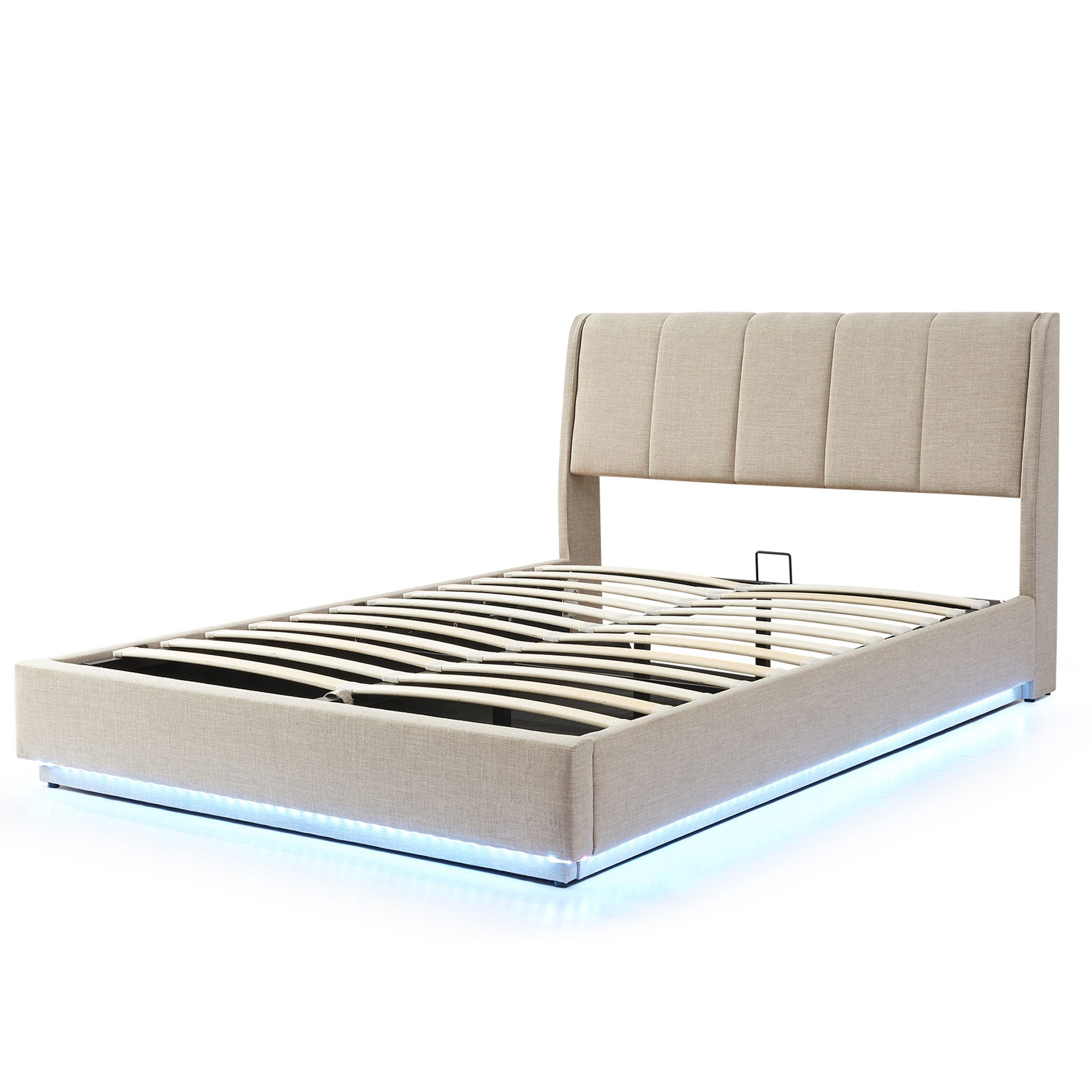 en.casa Polsterbett, »Tröstiar« mit LED-Beleuchtung Bettkasten Leinen 140 x 200 cm Beige