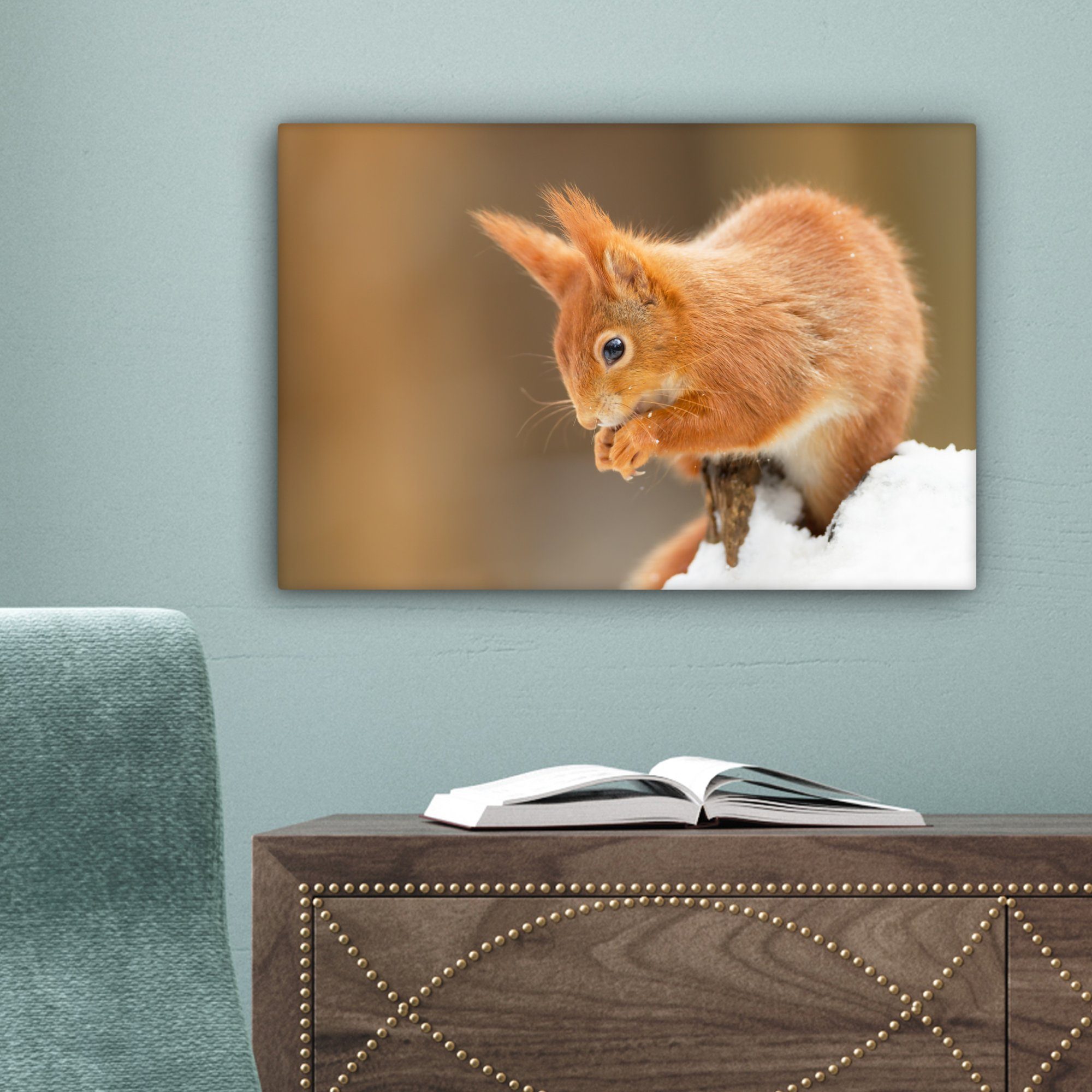 Wandbild mit Wanddeko, Leinwandbilder, 30x20 Farbe, cm Leinwandbild Eichhörnchen Aufhängefertig, (1 St), OneMillionCanvasses® roter