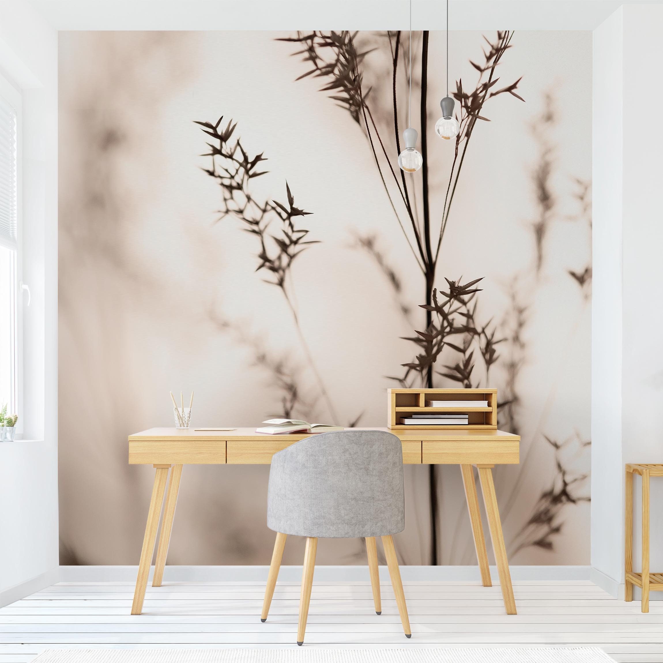 Bilderdepot24 Fototapete Blumen Elegantes Gras Schatten Blumentapete Floral Natur Modern Kunst, Glatt, Matt, (Vliestapete inkl. Kleister oder selbstklebend), Wohnzimmer Schlafzimmer Küche Flur Motivtapete Vliestapete Wandtapete