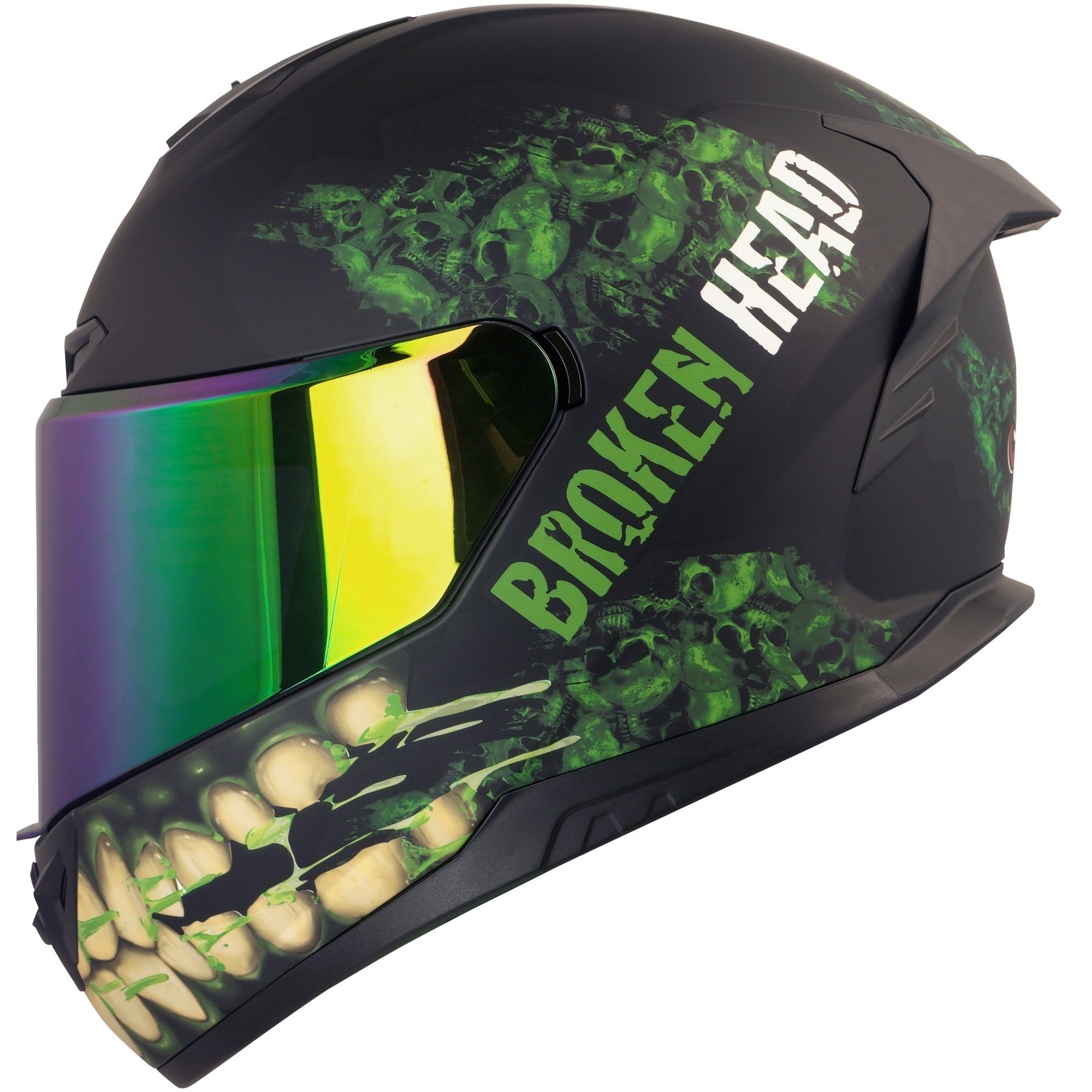 Broken Head Motorradhelm Broken Head Integralhelm Broken Skull Green Grinder + Grün-Verspiegeltes Visier (Mit Grün Verspiegeltem Visier), Aggressive Optik