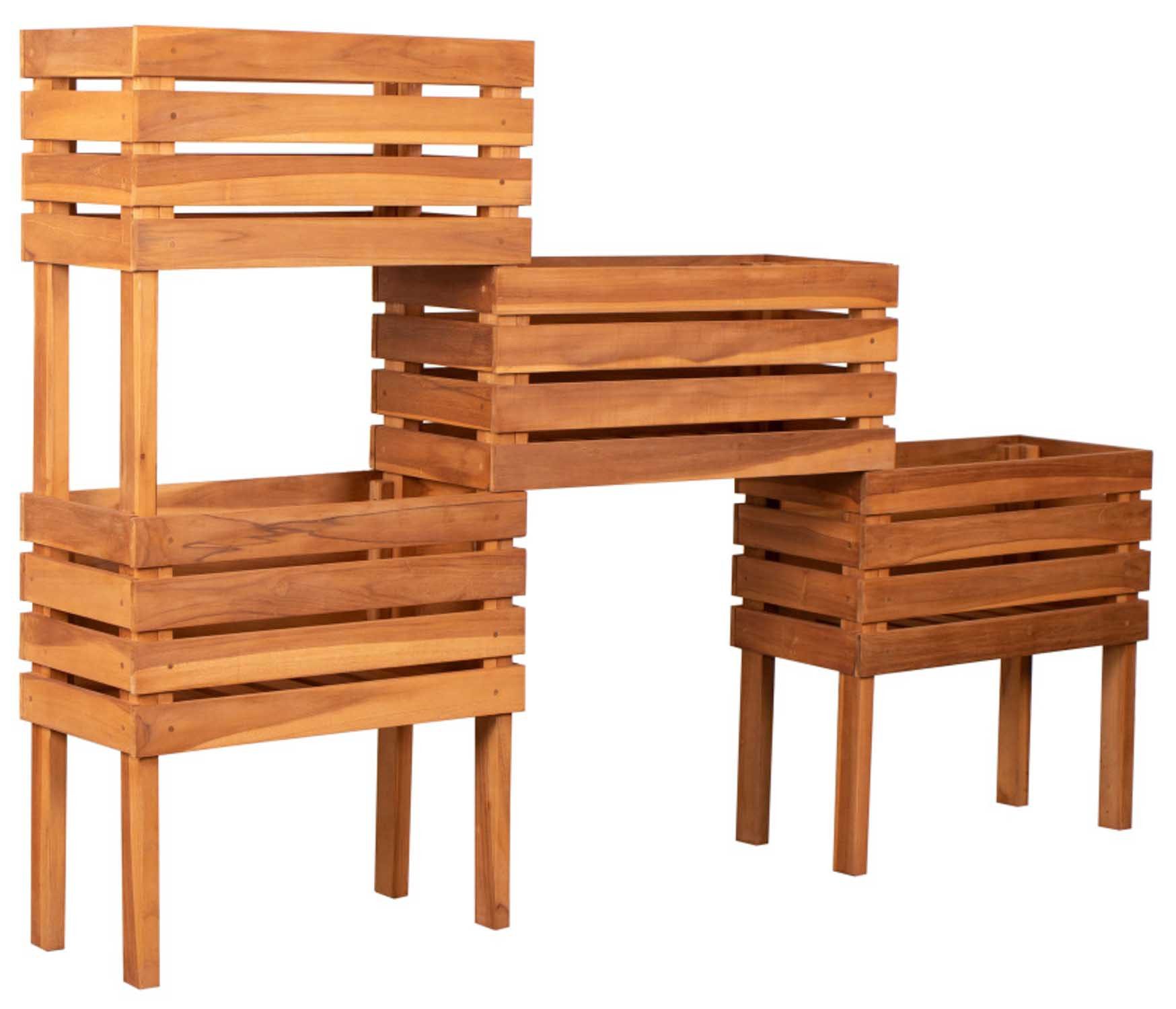 MR.DEKO Hochbeet Dundee Teak, Stufen Beet, Blumenkästen stehend, Balkon (1 St), 4-fach unterteilt für getrennte Bepflanzung