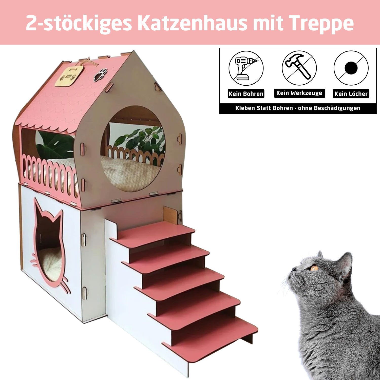 Tierhaus XL Katzenhütte Katzenhaus Rosa Pink Holz Katzenhöhle Katzenbett