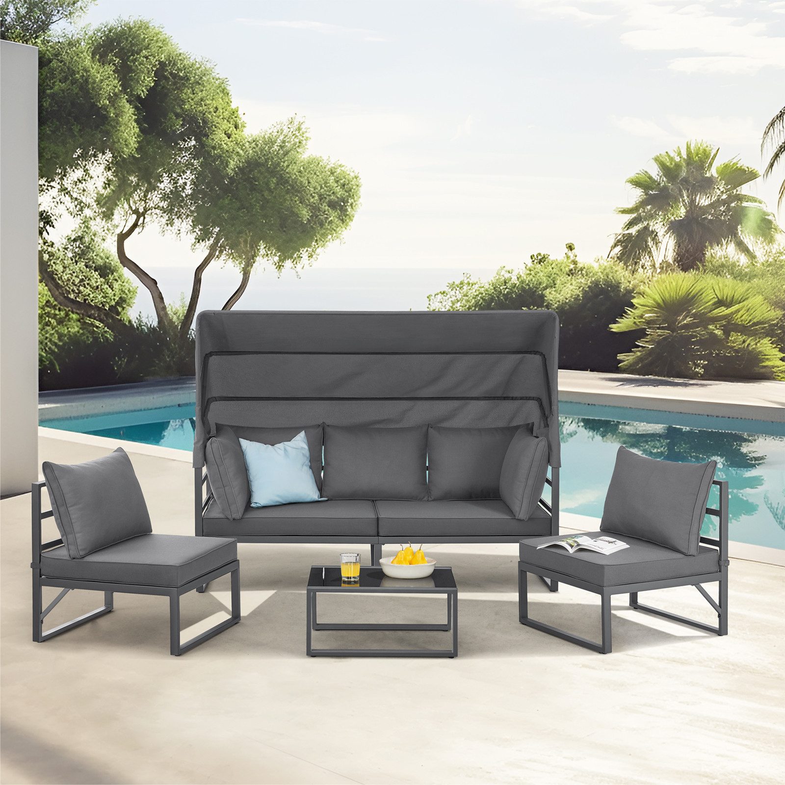 SVITA Gartenlounge-Set MAUI, (4-tlg), Outdoor-Möbelset mit Dach, Stahlgestell, Grau