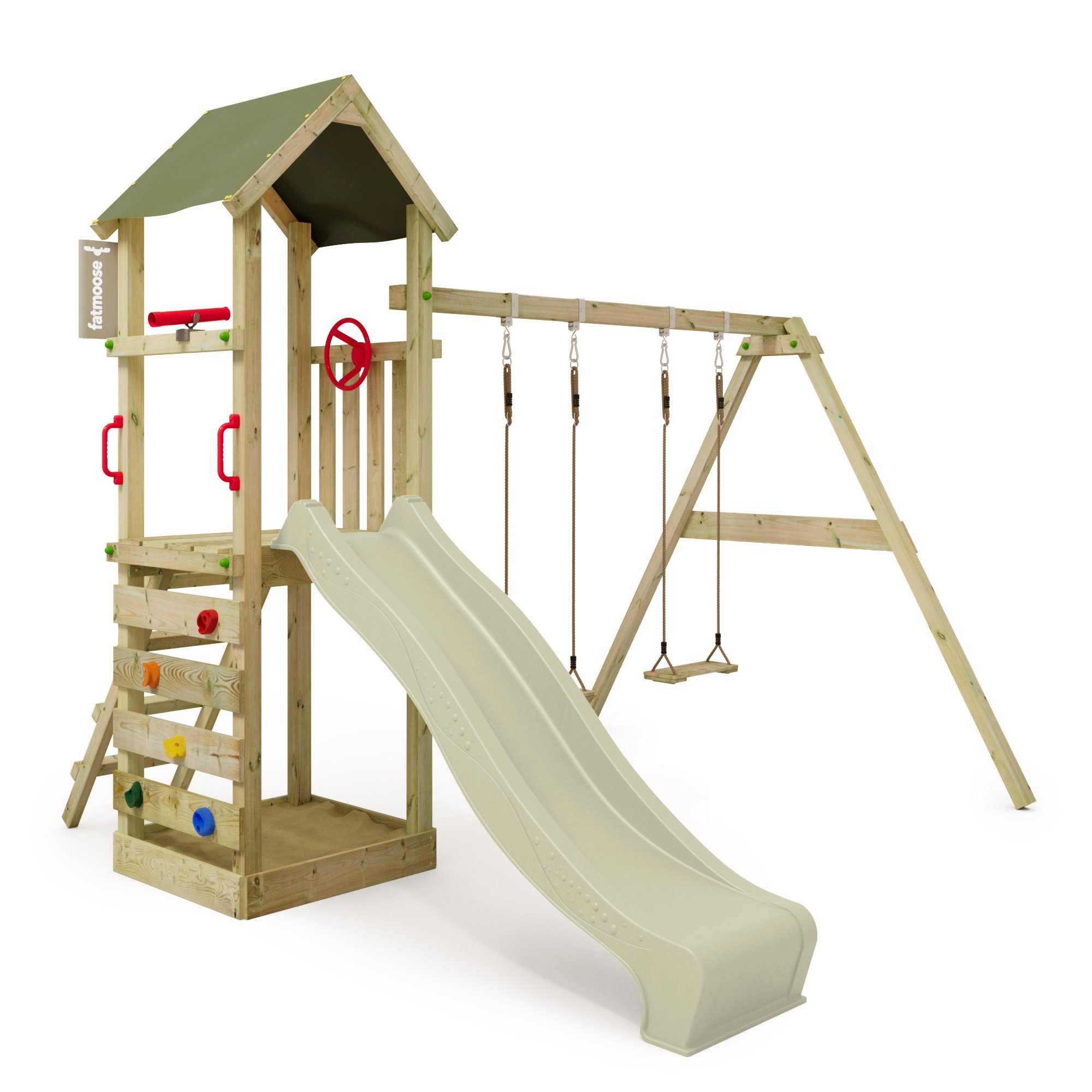 FATMOOSE Spielturm KiwiKey - Abenteuerlicher Kletterturm mit Doppelschaukel, 10-jährige Garantie*, Integrierter Sandkasten
