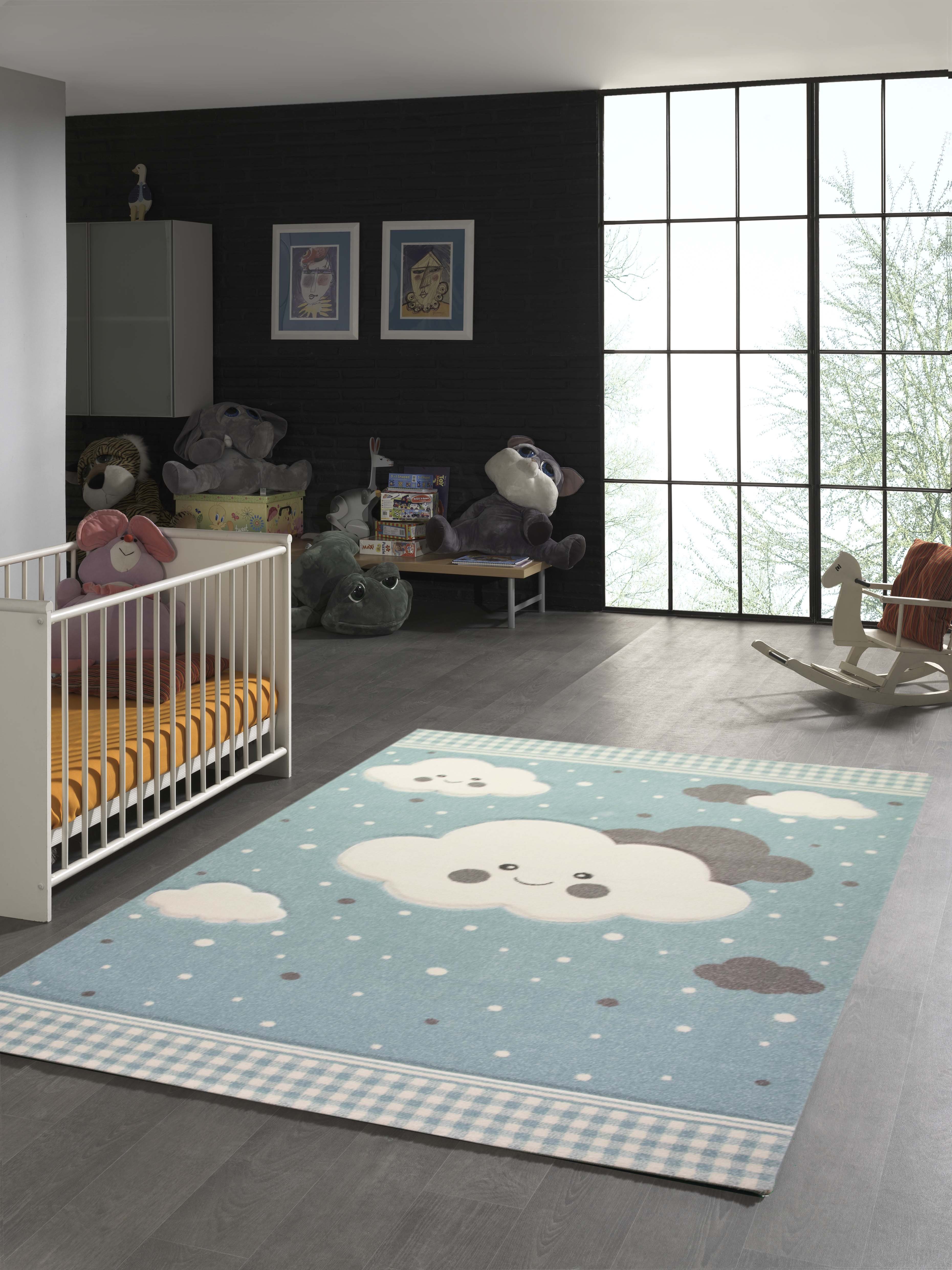 TeppichHome24 Kinderteppich Teppich für Kinder mit Wolken in Blau, rechteckig, Höhe: 10 mm