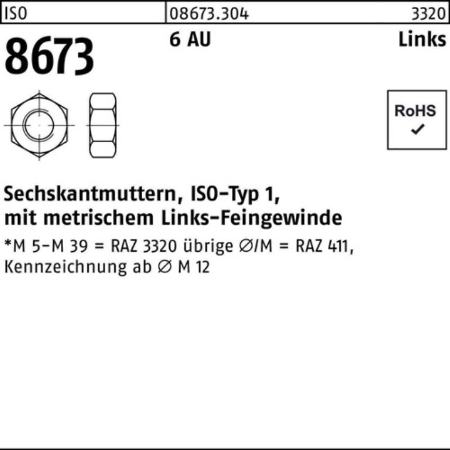 Reyher Sechskantmutter 50 6 Muttern 100er links 1,5 M20x Pack Automatenstahl ISO 8673