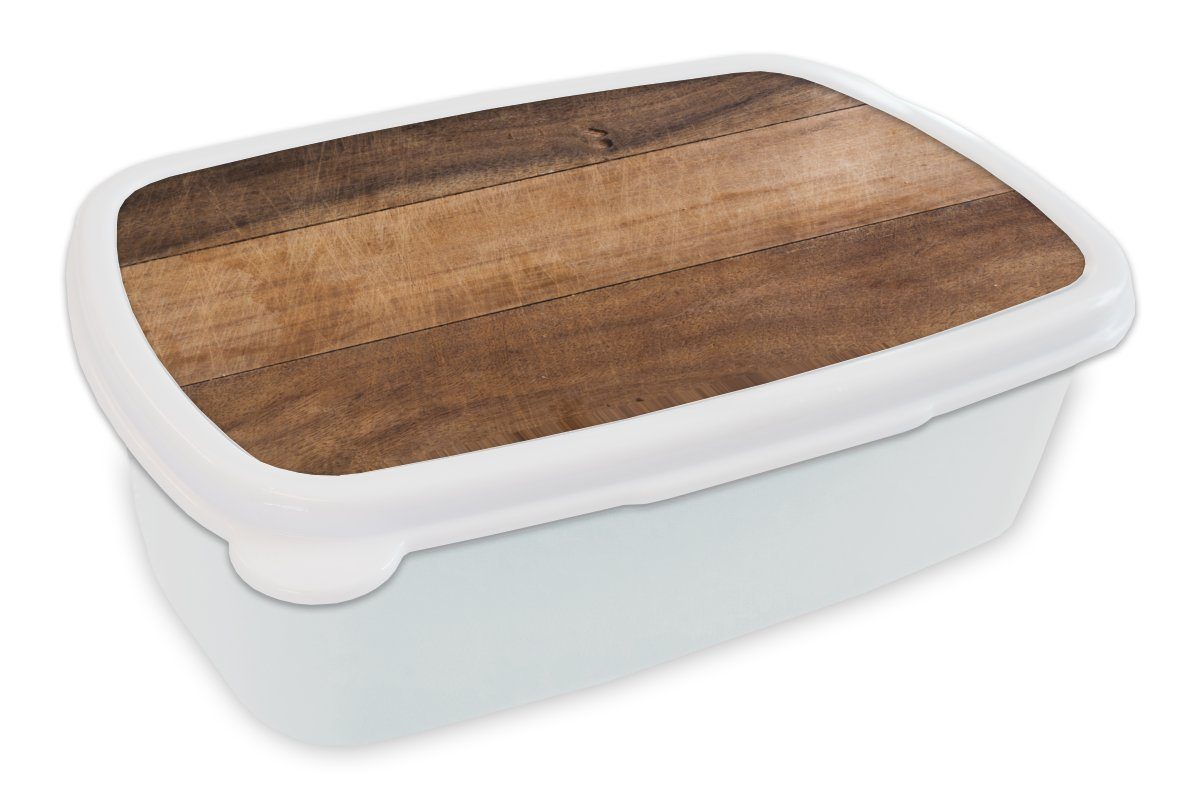 MuchoWow Lunchbox Ein Bild eines gebrauchten Holzschneidebretts mit verschiedenen, Kunststoff, (2-tlg), Brotbox für Kinder und Erwachsene, Brotdose, für Jungs und Mädchen weiß