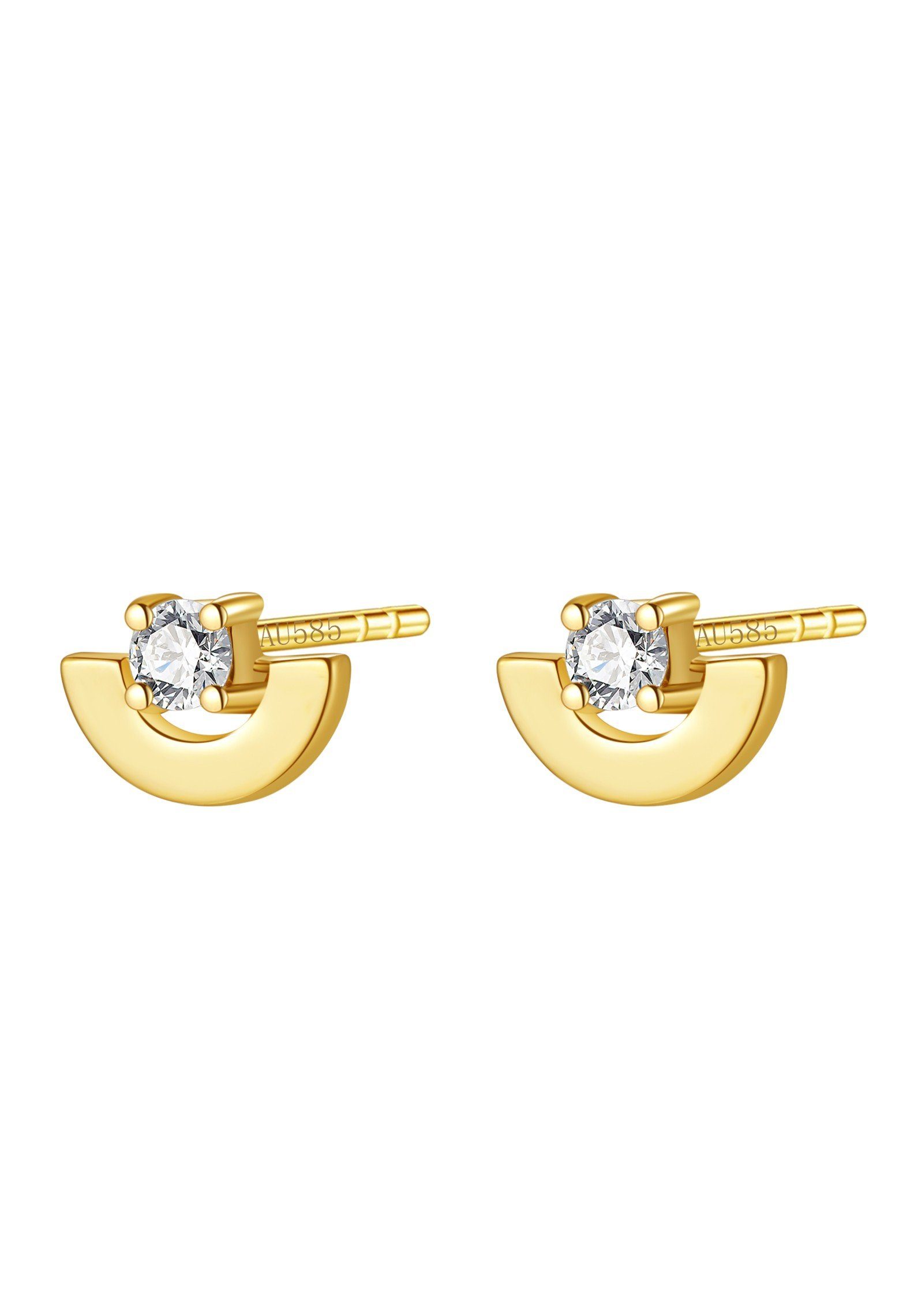 Dear Me Paar Ohrstecker Damen 585 Echtgold Halbkreis mit Zirkonia, Minimalistische 14K Gold Ohrringe Solitär