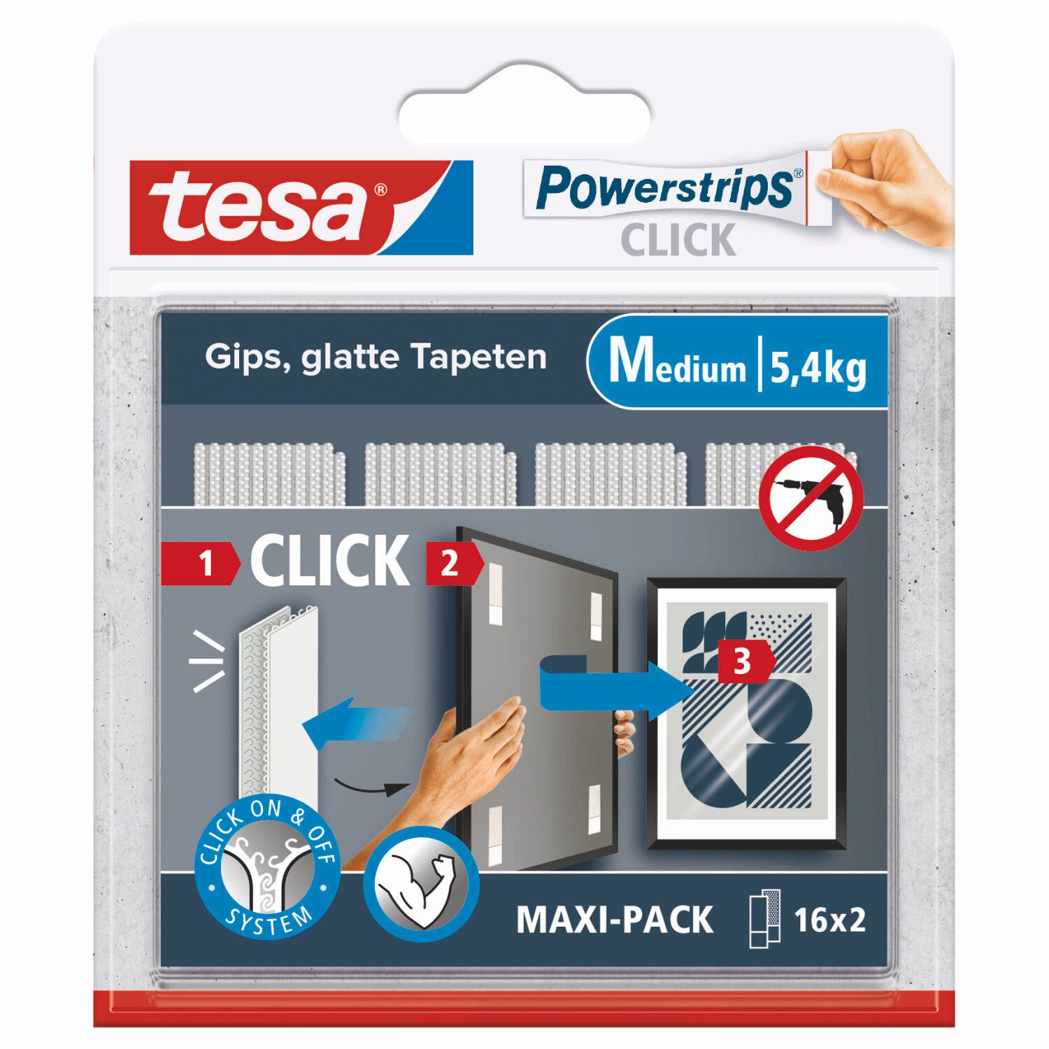 tesa Klebehaken, (Packung, 1-St., 32 Strips zum An- und Abklicken von Bildern oder Wanddeko), Größe M, starker Halt ohne Bohren, wiederablösbar, mehrfach verwendbar