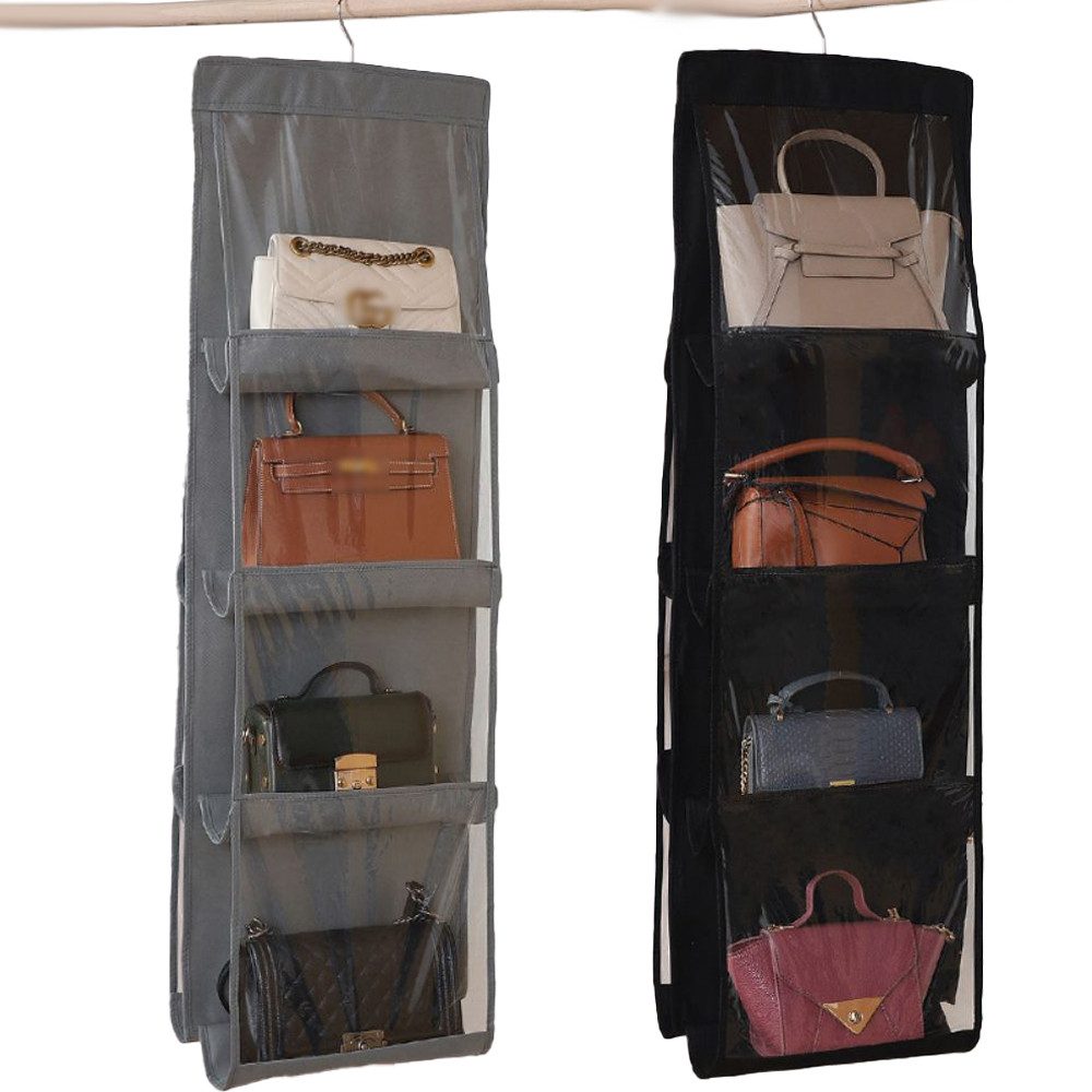 PRIISF Organizer Handtaschen Organizer Aufhängen Umhängetasche Hängender Aufbewahrung (Henkeltasche Hängeregal Faltbarer Platzsparend, Geldbörse Organizer Handtaschenbügel mit Durchsichtigen Fächern), PVC Hängeregal Kleiderschrank Organizer für Familienschrank Wohnzimmer