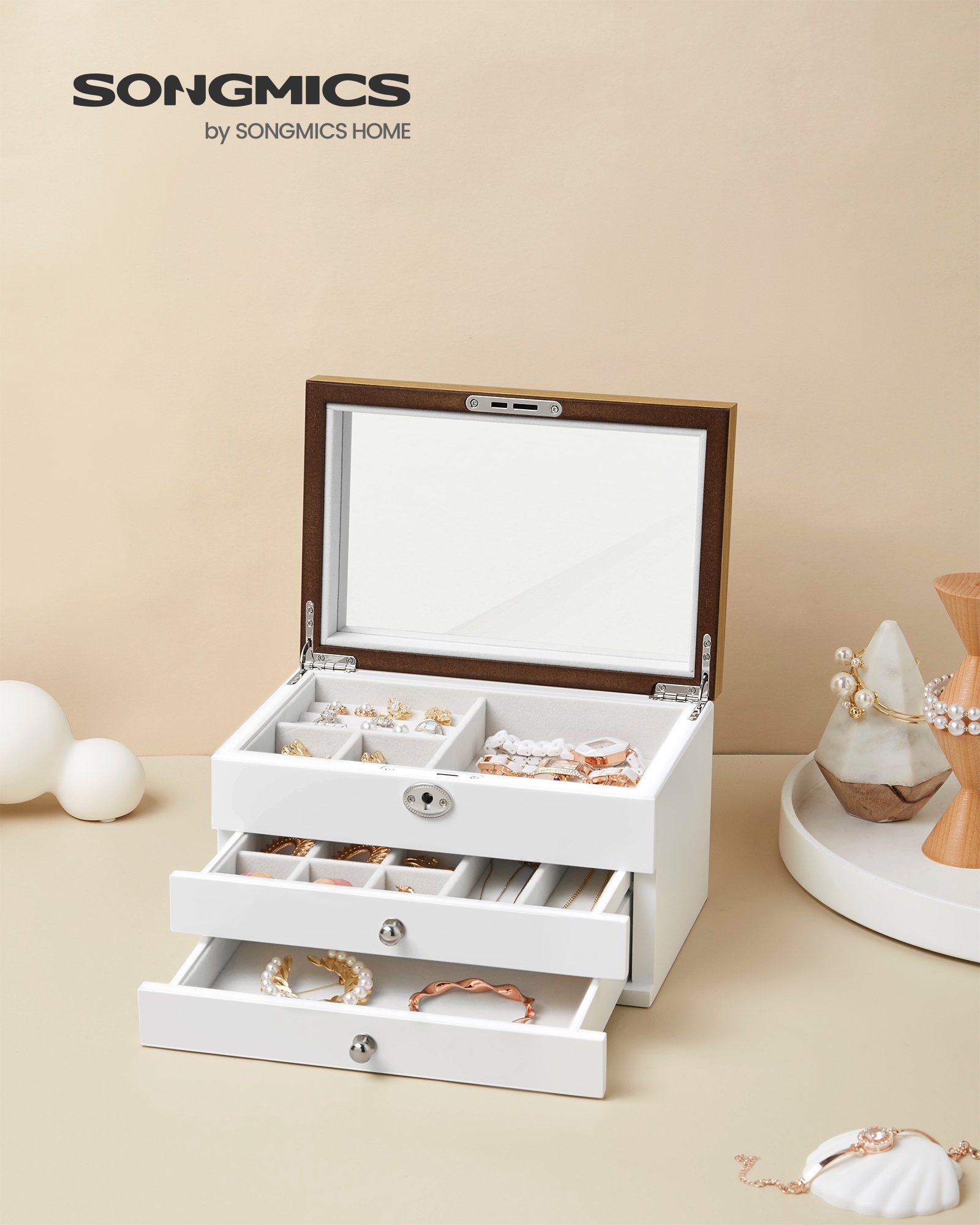 SONGMICS Schmuckkasten Schmuckkästchen, großer Spiegel, 3 Ebenen, mit Schub günstig online kaufen