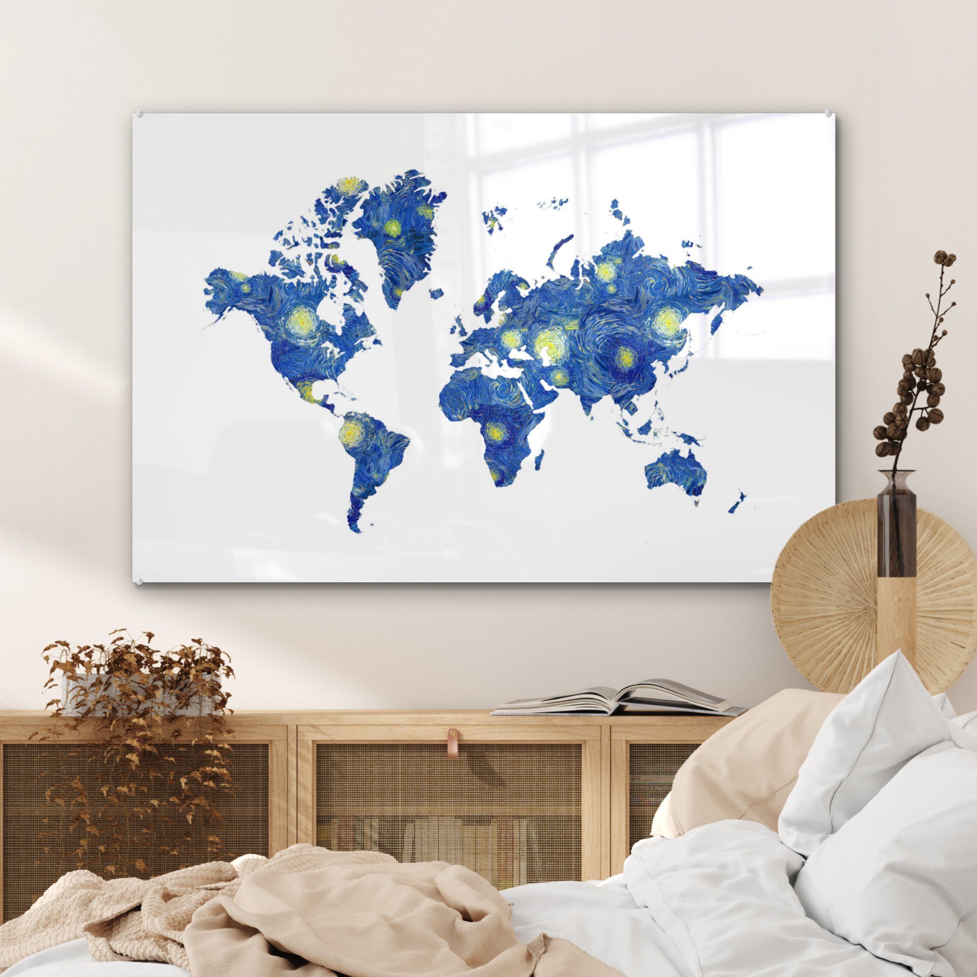 MuchoWow Acrylglasbild Weltkarte - Van St), Acrylglasbilder (1 Gogh & Wohnzimmer Schlafzimmer - Sternennacht