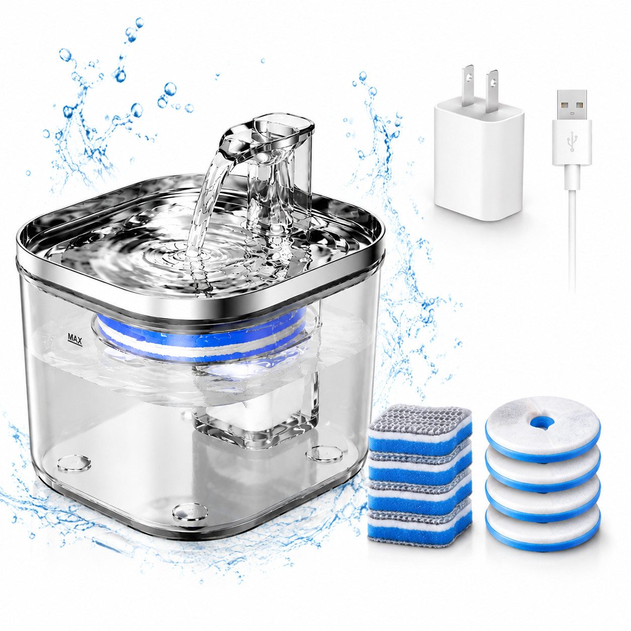 Fyrove Trinkbrunnen Katzenbrunnen Edelstahl 2L mit Filter, Automatischer Wasserspender, Edelstahl Katzenbrunnen 2L mit 5 Filtern, automatische Wasserausgabe von Fyrove