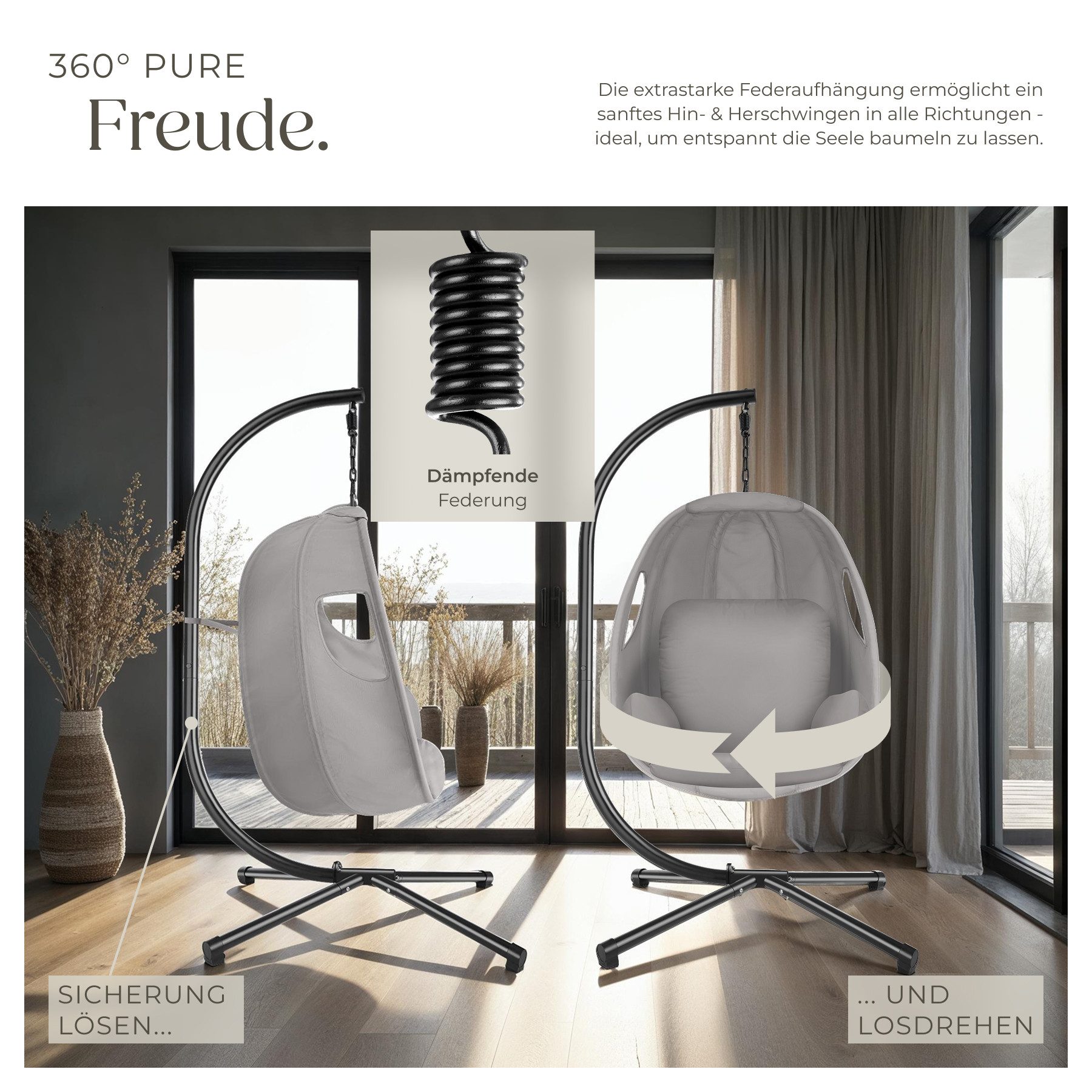 tectake Hängesessel Schaukelstuhl Anika mit Gestell und Kissen 160kg, mit extra dickem Sitzkissen, 360° drehbar