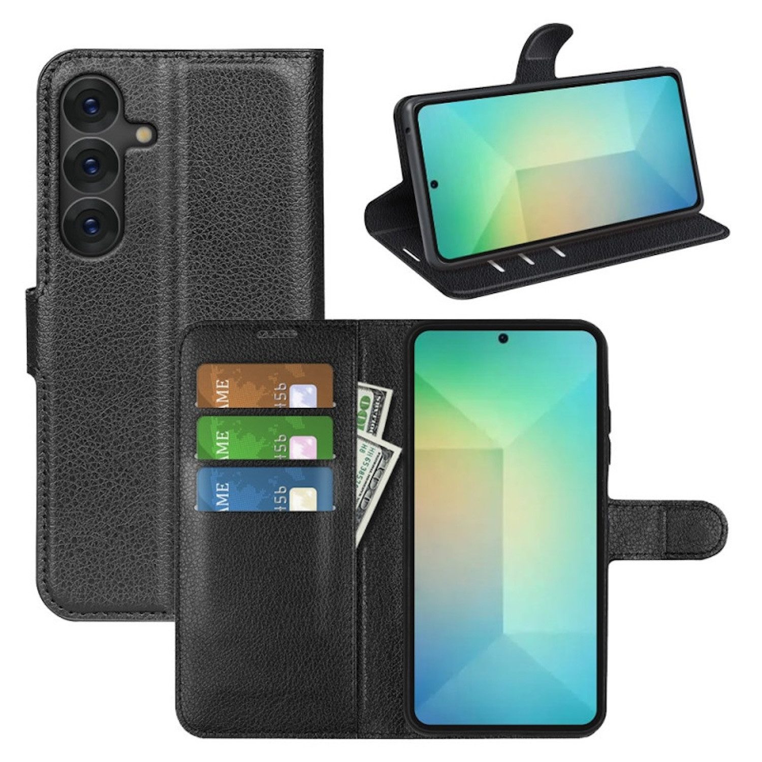 Wigento Smartphone-Hülle Für Samsung Galaxy S25 Plus Kunstleder Wallet Tasche Hülle Schwarz, Kunstleder Book Wallet Hülle mit Magnetverschluss