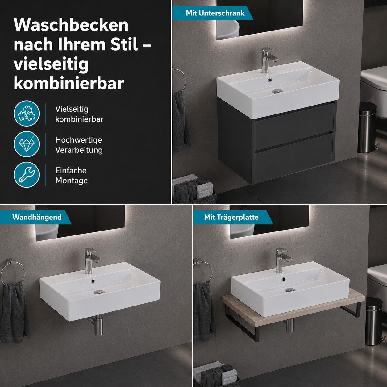 Aqua Bagno Waschbecken Aqua Bagno Keramik Waschtisch Waschbecken 60cm Möbel Aufsatz Wand (Einzel, ohne Armatur u. Ablaufgarnitur), Hänge- Aufsatzwaschbecken mit – Bild 4 von 5