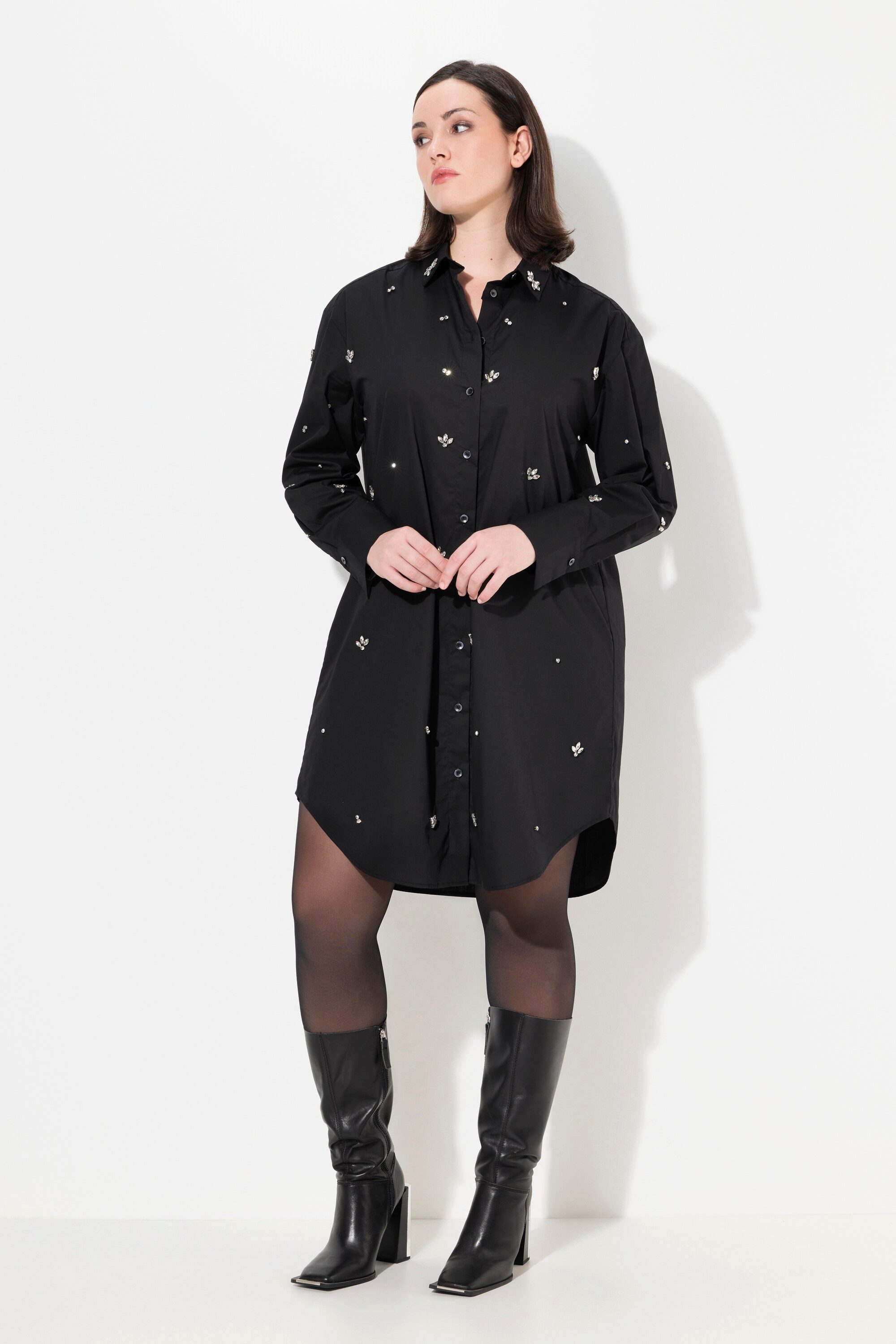 Hemdbluse Hemdbluse Ziersteine Oversized Hemdkragen Langarm