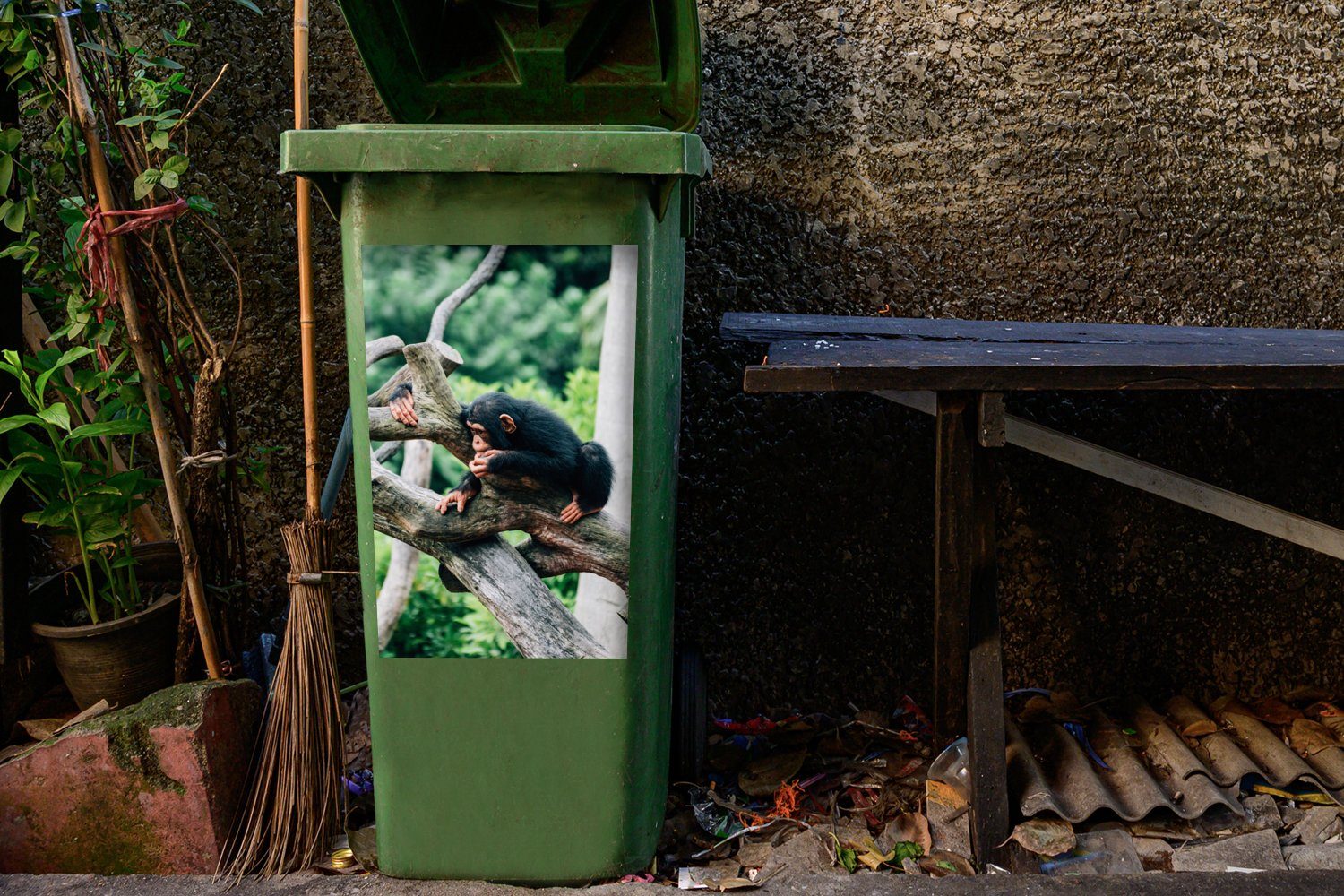 Junger Abfalbehälter Wandsticker im (1 Schimpanse St), Dschungel Mülltonne, MuchoWow Sticker, Container, Mülleimer-aufkleber,
