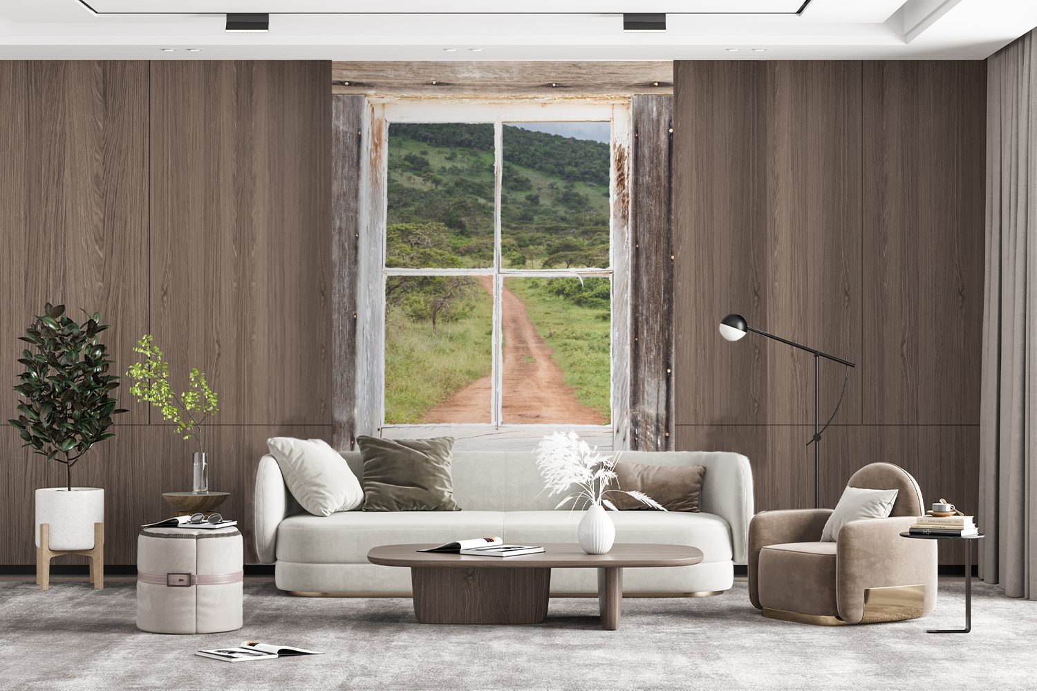 Wohnzimmer, bedruckt, Holz Durchblick Tapete MuchoWow - Wandtapete Montagefertig (3 St), für Afrika, Matt, Vinyl - Fototapete