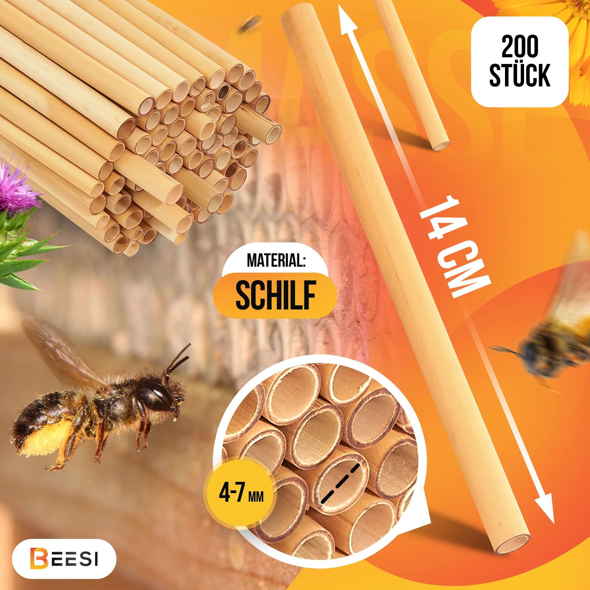 BEESI Insektenhotel 200x Nisthülsen 14 cm lang für Insektenhotel aus Schilf, (Packung, 200-St., Durchmesser 4-7 mm inkl. E-Book), 15T x 15B x 5H cm