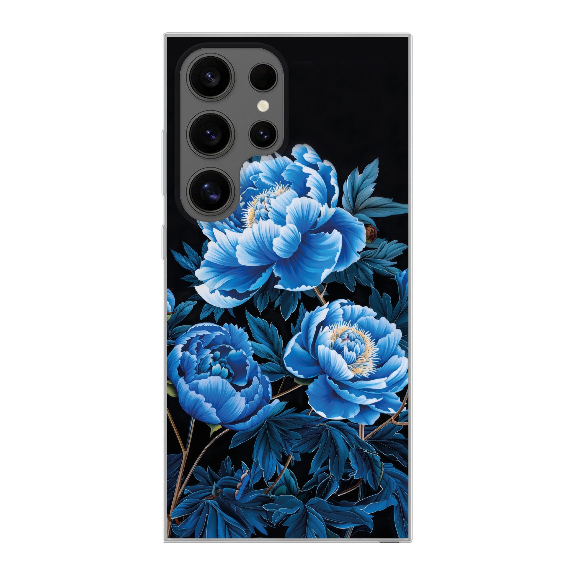 MuchoWow Handyhülle für Samsung Galaxy S24 Ultra Blumen - Schwarz - Blau - Modern, Phone Case, Silikon, Schutzhülle Dünn