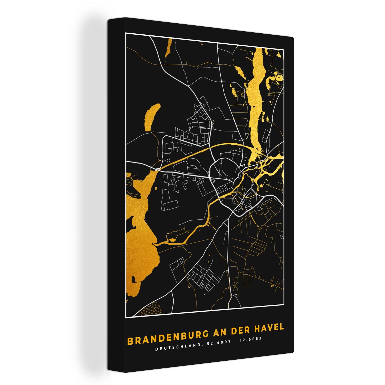OneMillionCanvasses® Leinwandbild Brandenburg An Der Havel - Stadtplan - Karte - Gold - Deutschland, (1 St), Leinwandbild fertig bespannt inkl. Zackenaufhänger, Gemälde, 20x30 cm