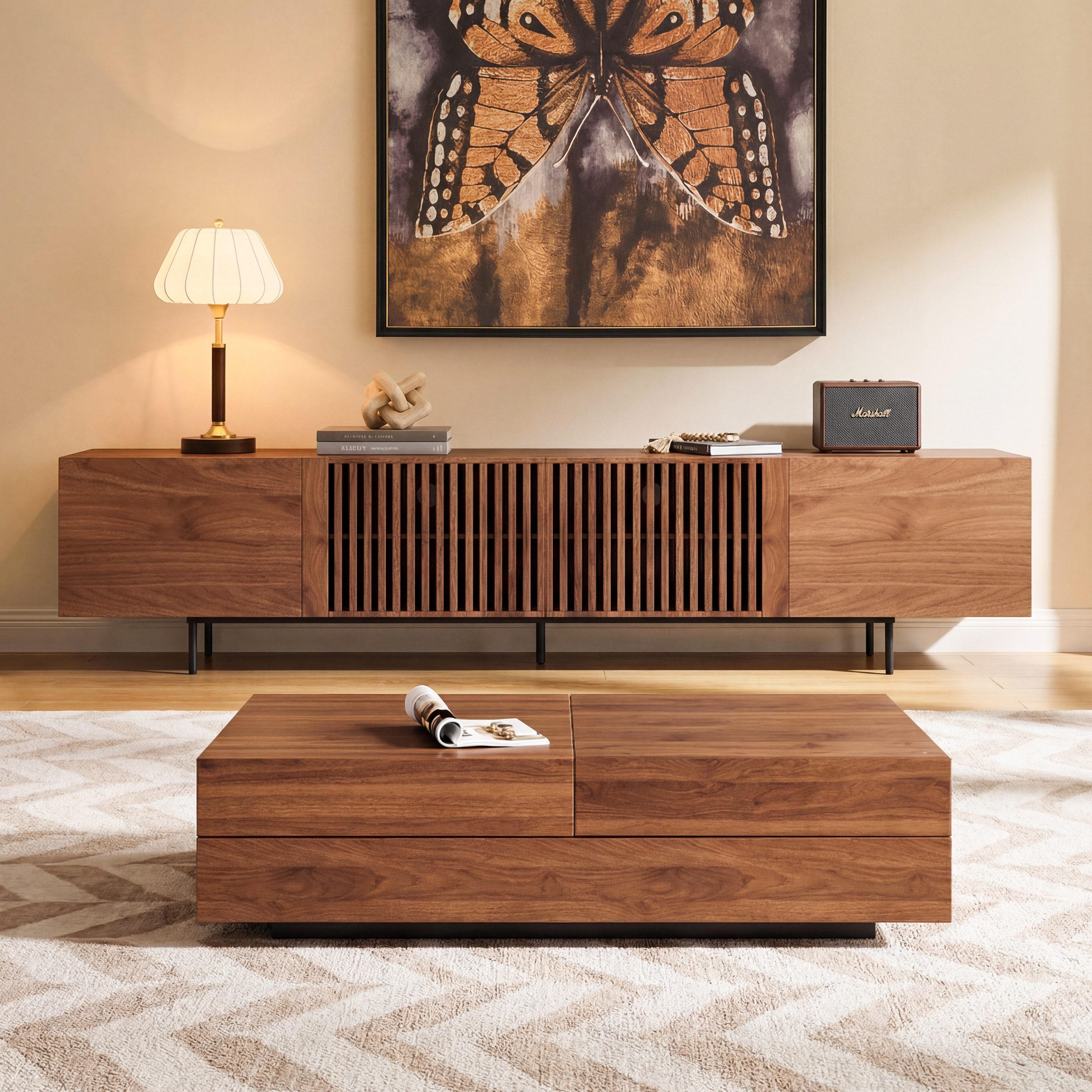 oleyluckidea TV-Schrank Moderner TV-board 75 Zoll, TV Lowboard mit Stauraum, Nussbaum Breite 180/240 cm