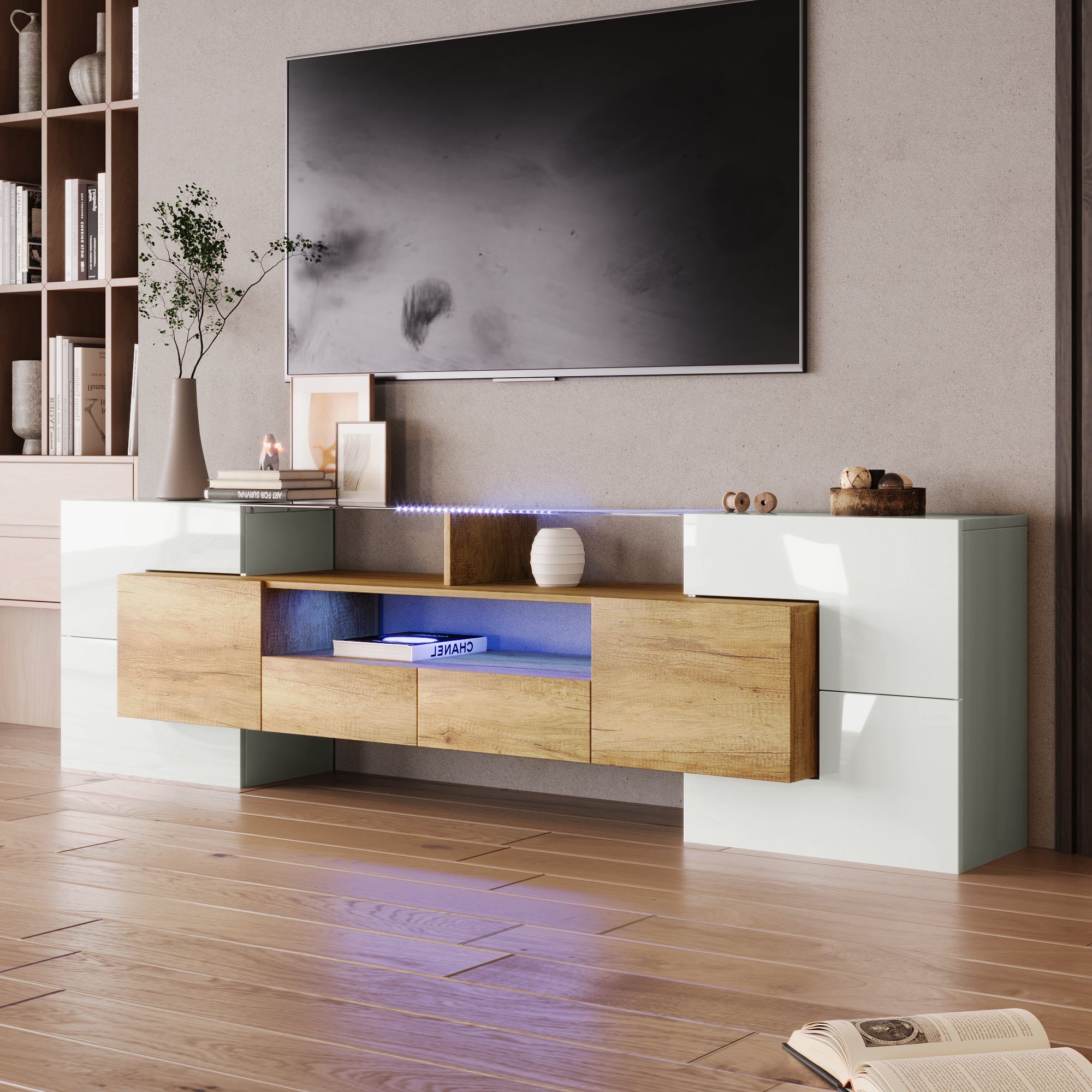 REDOM TV-Schrank Lowboard (1-St., Weiß, 200 cm) Elegante Glasoberfläche., LED-Beleuchtung Weiß+Natur