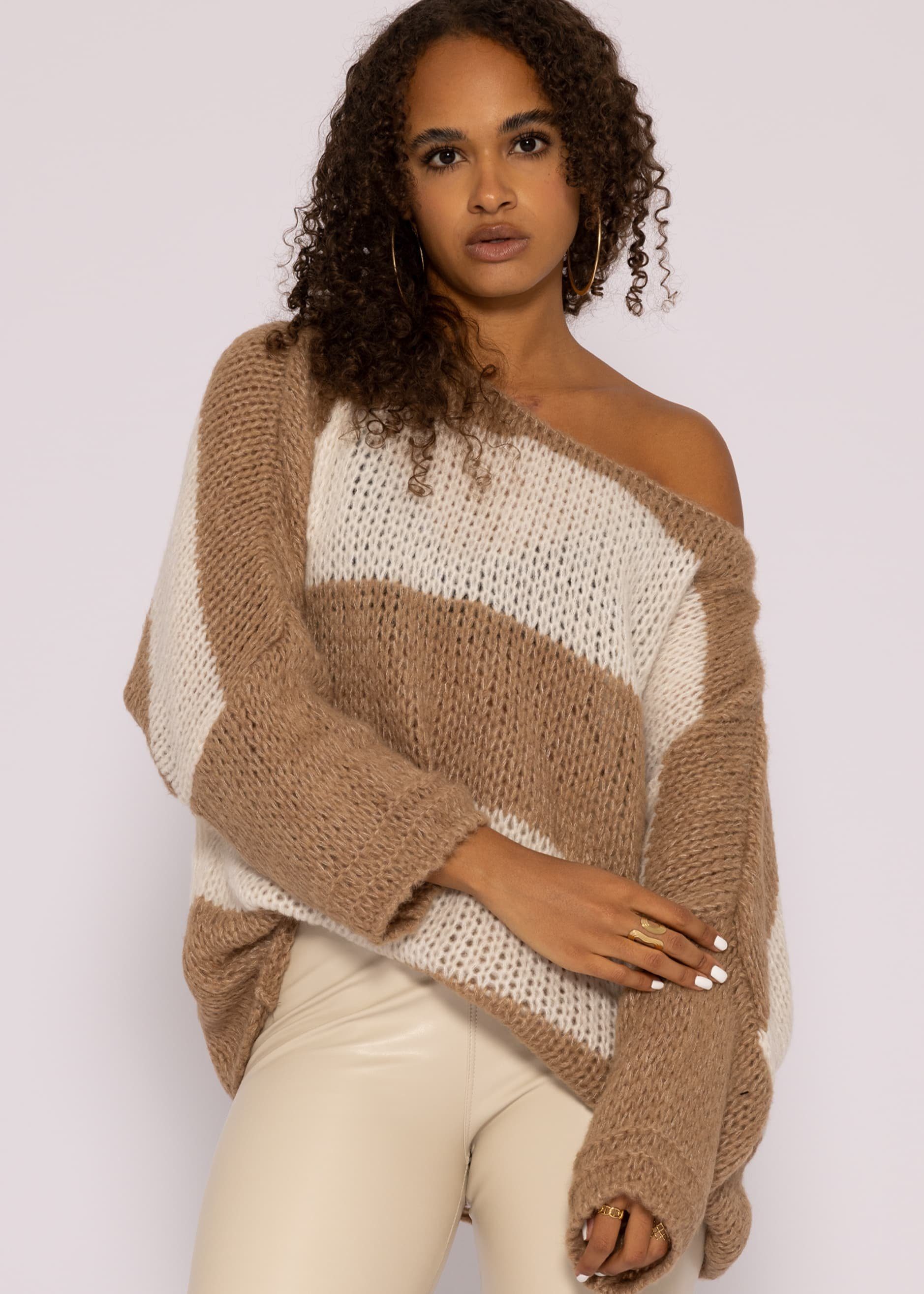 SASSYCLASSY Strickpullover Oversize Pullover Damen aus weichem Grobstrick Lässiger Strickpullover lang mit Streifen, Made in Italy Offwhite, Camel