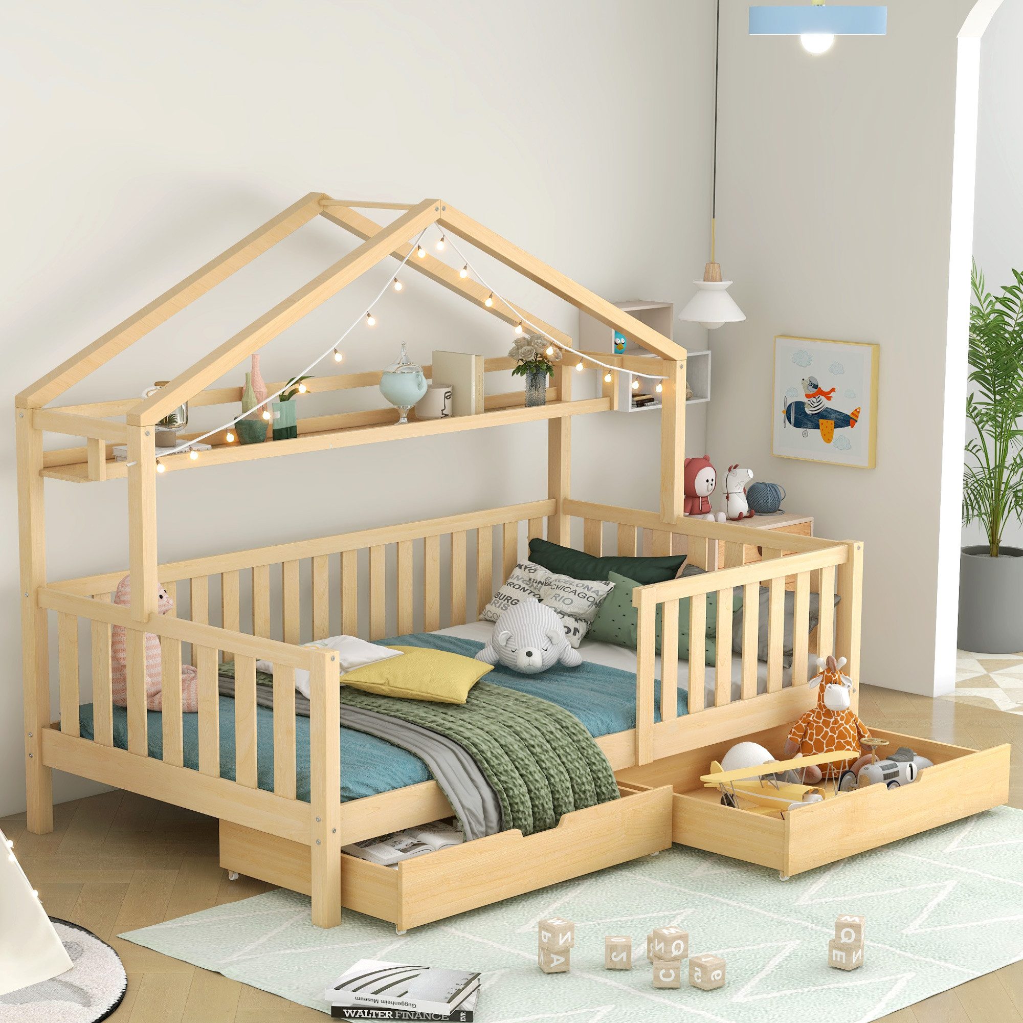 Flieks Kinderbett, Hausbett Einzelbett Kiefer 90x200cm mit Ablageregal und 2 Schubladen
