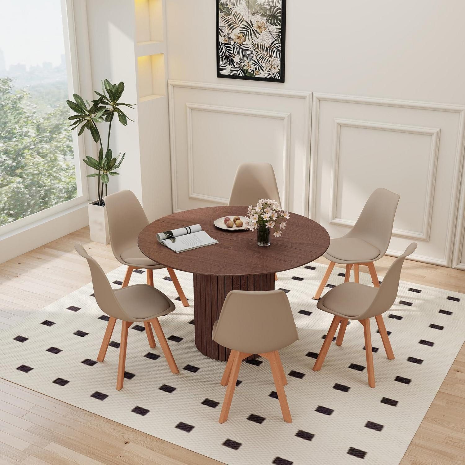 LuxusKollektion Essgruppe Esstisch 120cm rund MDF Holzfuß 1 Tisch 6 Stühle Dunkelbraun Khaki