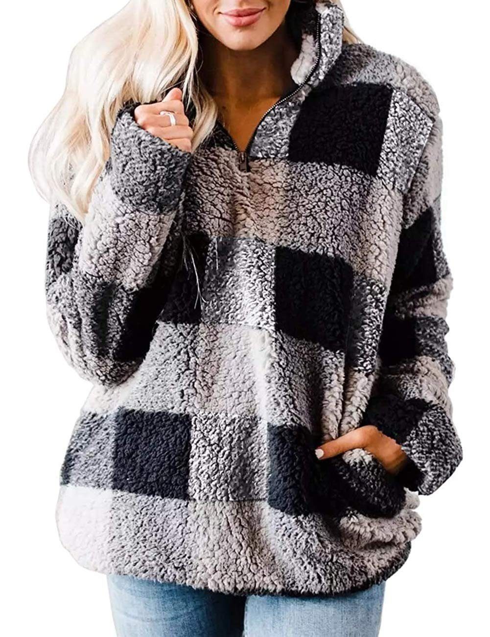 YYV Outdoorjacke Damen -Pulloverjacke aus kariertem Sherpa-Fleece mit Reißverschluss Passend für jeden Anlass und einfach zu stylen. Schwarz