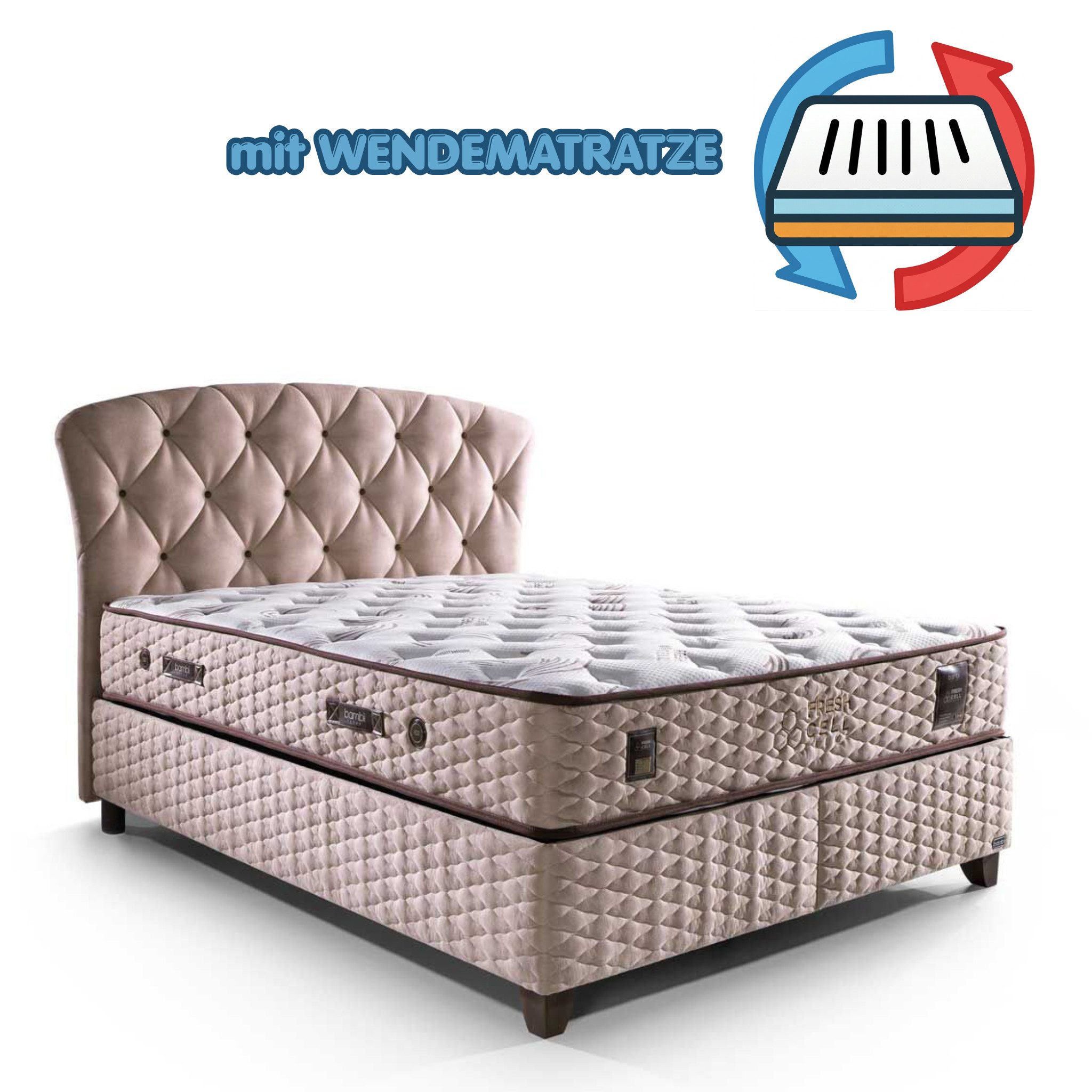 Bambi Boxspringbett Stauraumbett mit Matratze Boxspringbett 180x200 - 90x200 Freshcell (Set, 2 Bettkästen + Matratze + Kopfteil), Wendematratze