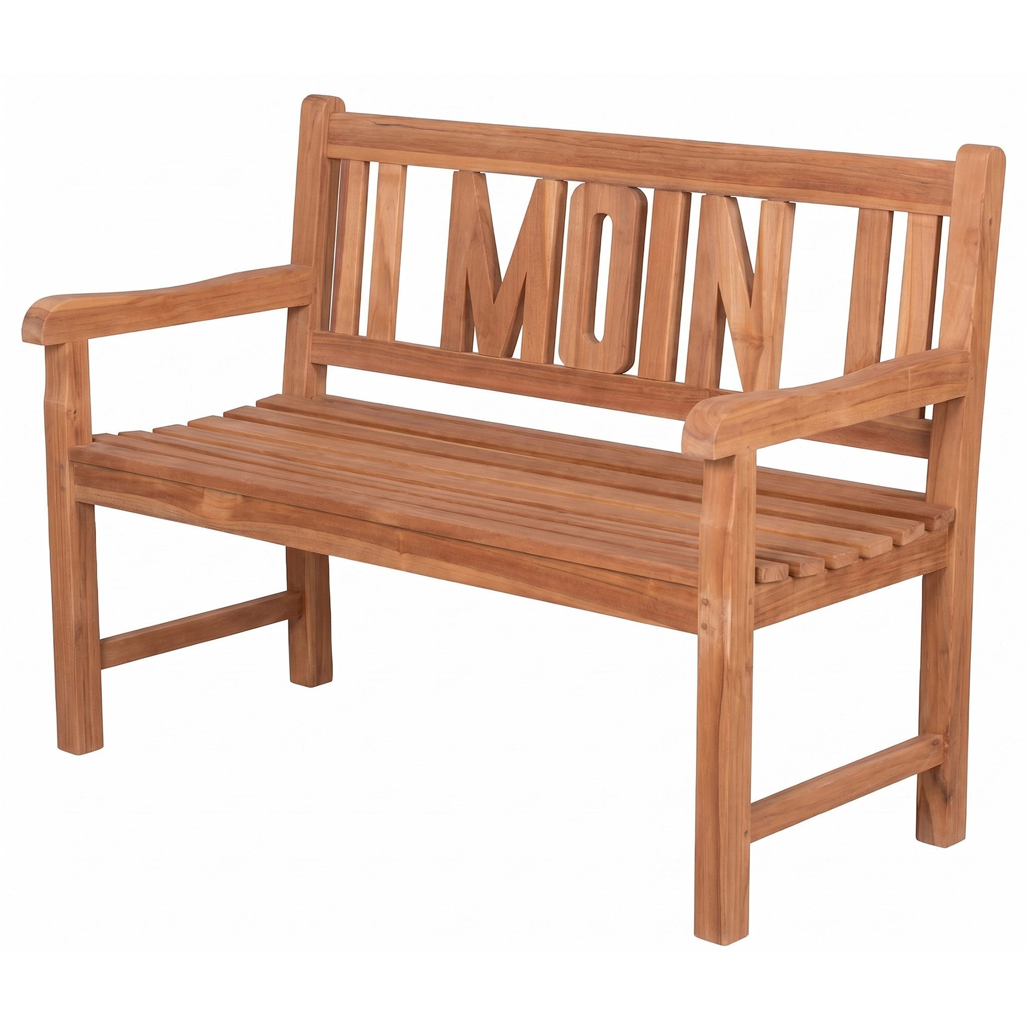 deVries Gartenbank deVries Teakholz Gartenbank Woodie MOIN 120 cm, geschwungende Armlehnen - Rückenlehnen mit MOIN-Schriftzug