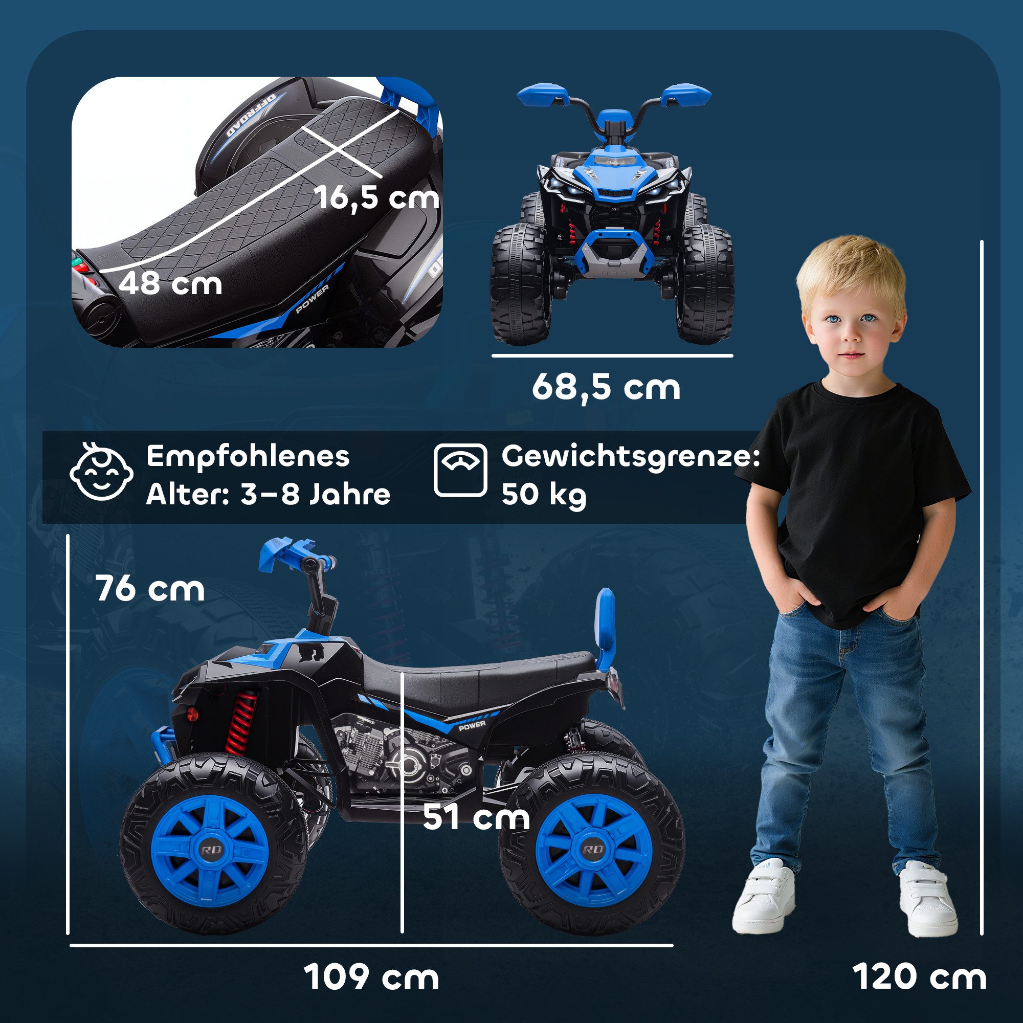 AIYAPLAY Elektro-Kinderquad 24V Elektro-Fahrzeug, 6,5 km/h Geschwindigkeit, Belastbarkeit 50 kg, (1-tlg), für 3-8 Jahre, Blau