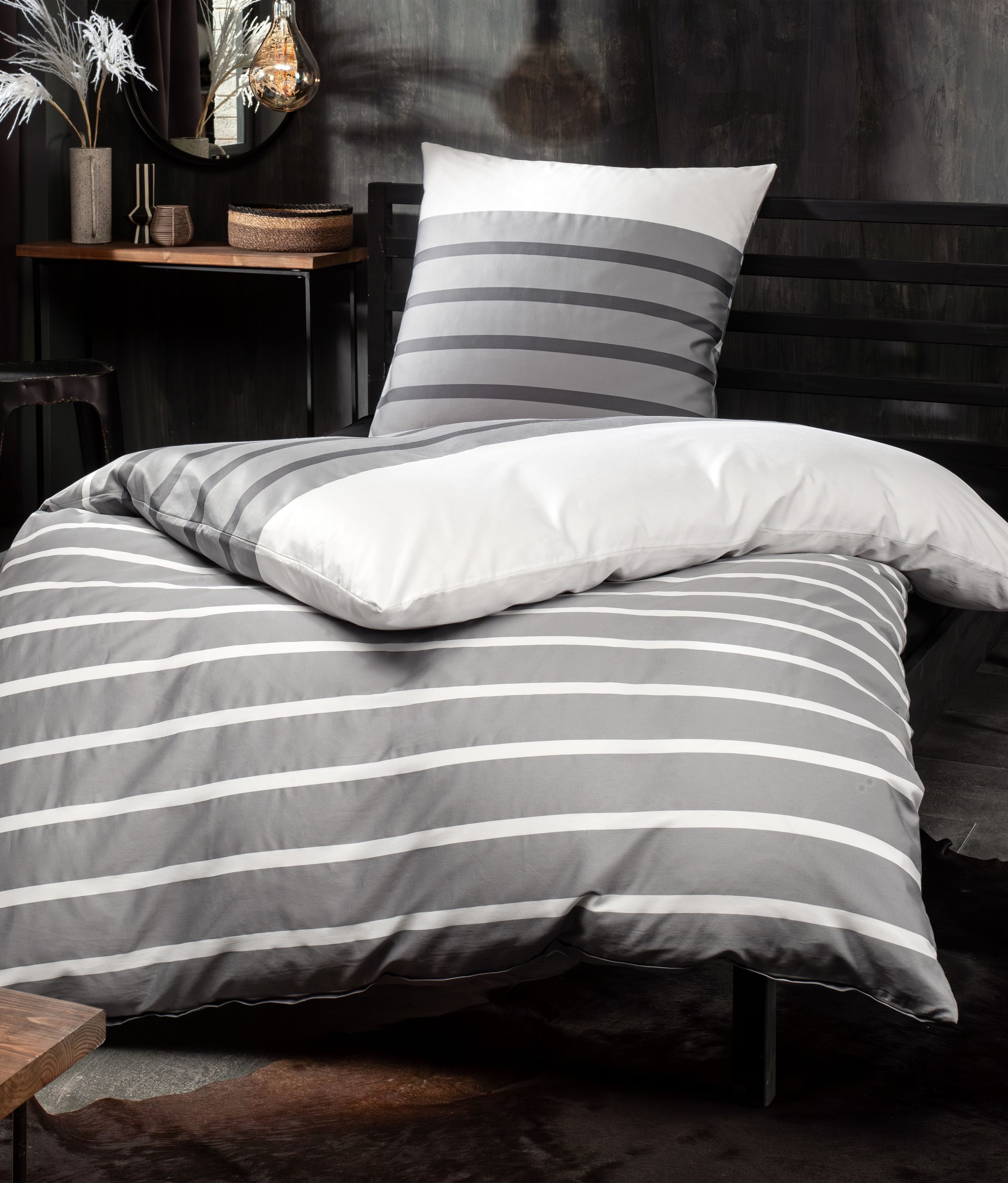 Janine Bettwäsche Palermo, Mako-Satin, 2 teilig, Streifen grau weiß günstig online kaufen