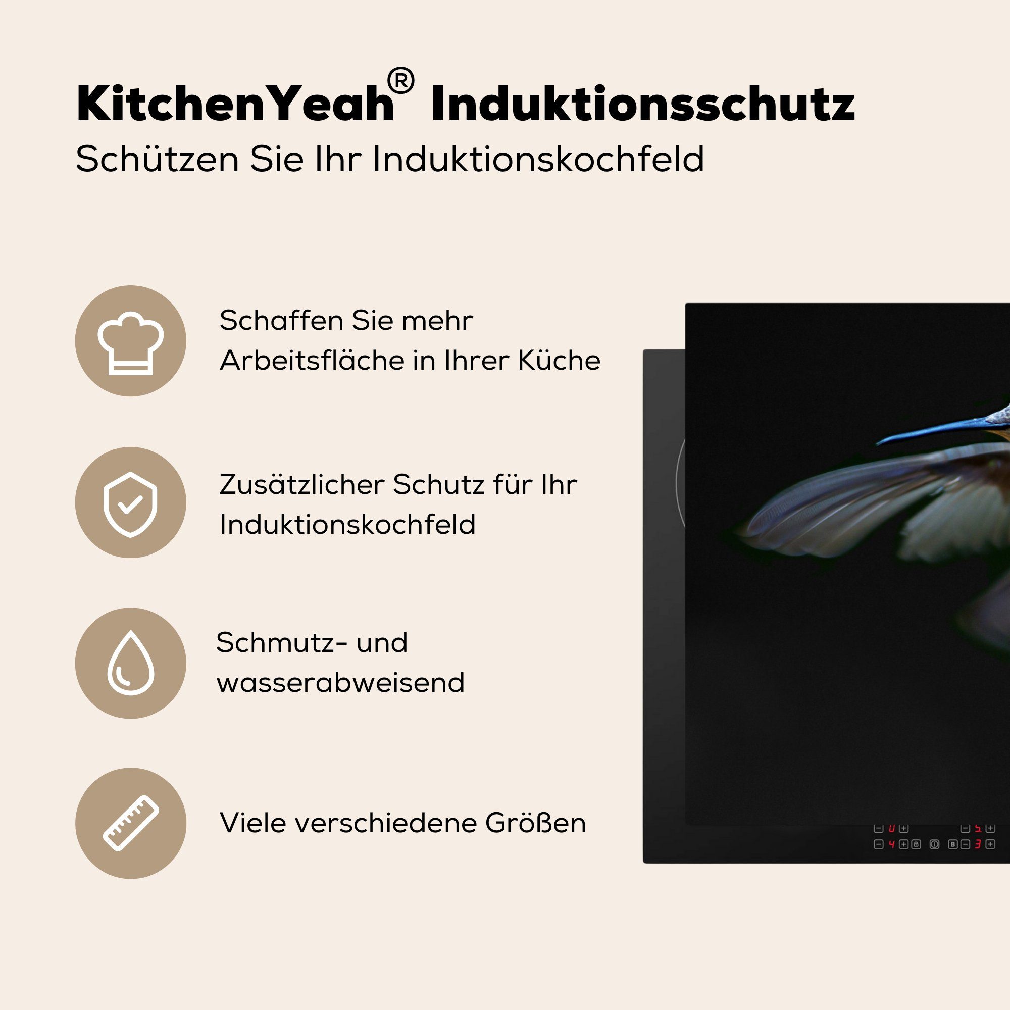 MuchoWow Herdblende-/Abdeckplatte Kolibri Federn Induktionskochfeld - (1 Schwarz, die cm, für küche, 71x52 Vinyl, tlg), Schutz - Ceranfeldabdeckung